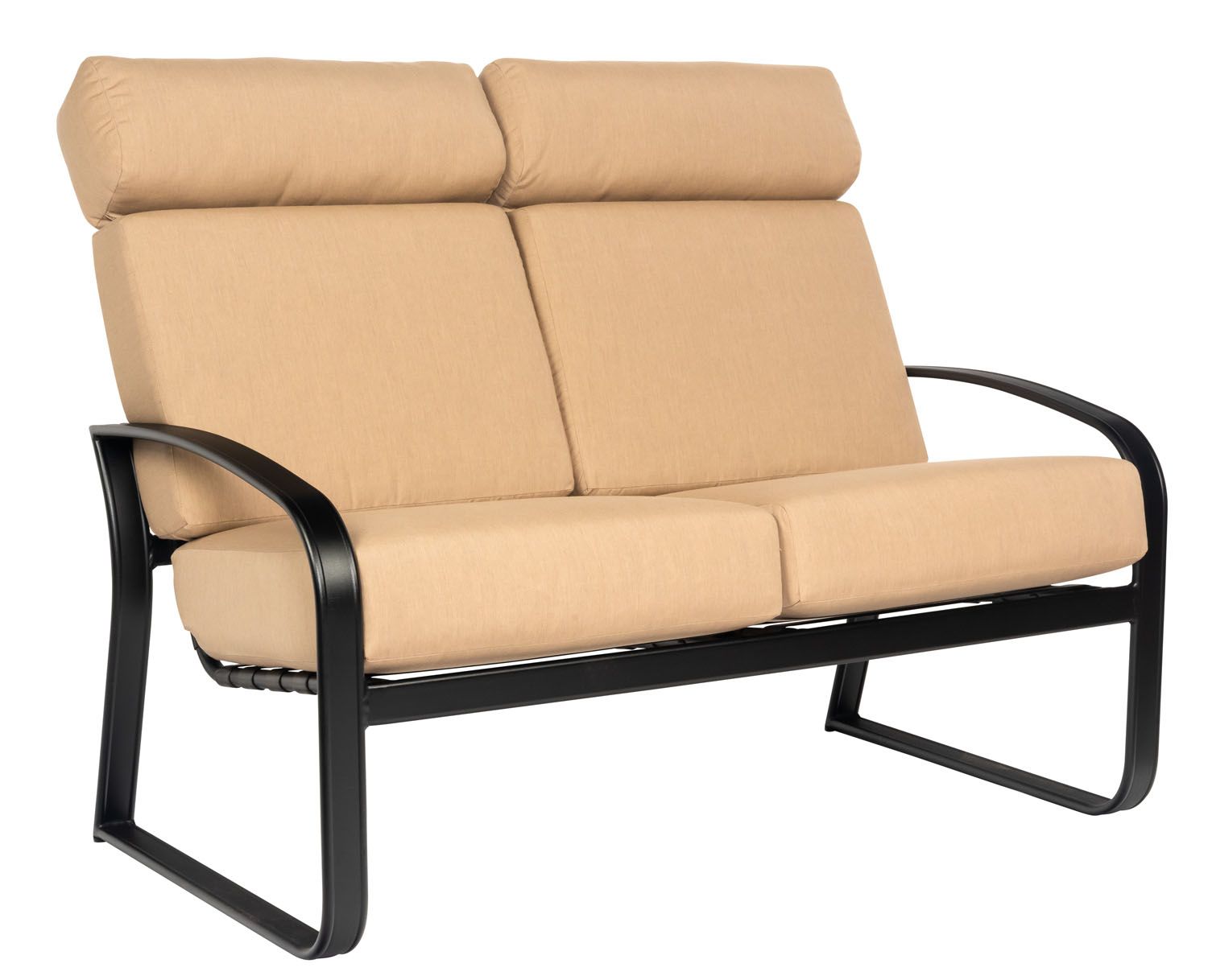 Woodard Cayman Isle Cushion Love Seat, Aged Teak, Beach Bum Creamsicle (Grade A), Grade A Fabric, Loveseats, Fabric, Iron, Curved, Frame, Outdoor