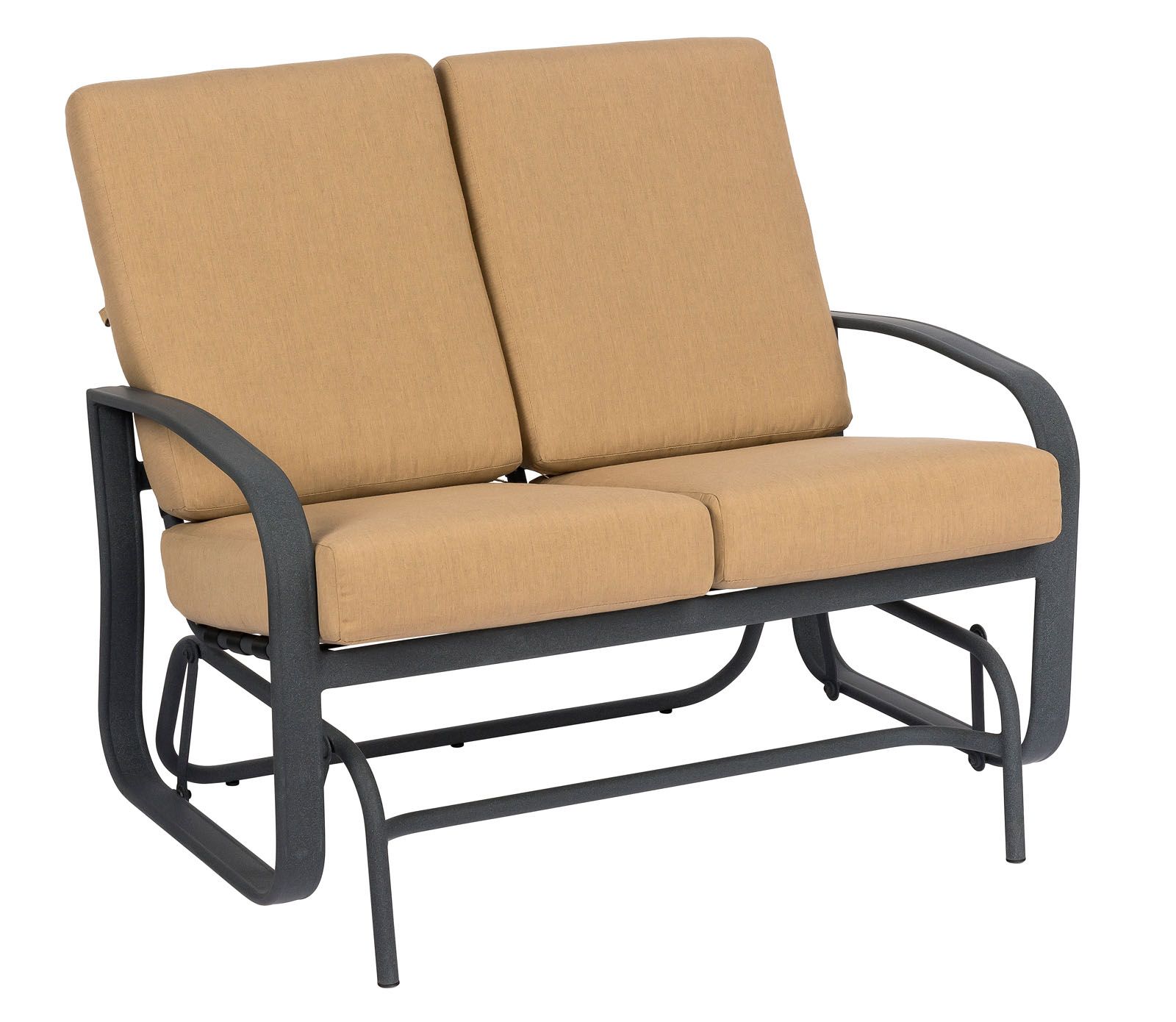 Woodard Cayman Isle Cushion Love Seat Glider, Aged Teak, Beach Bum Creamsicle (Grade A), Grade A Fabric, Garden Chairs, Loveseat, Cushion, Cayman Isle , Aluminum, Fabric, Curved, Frame, Outdoor