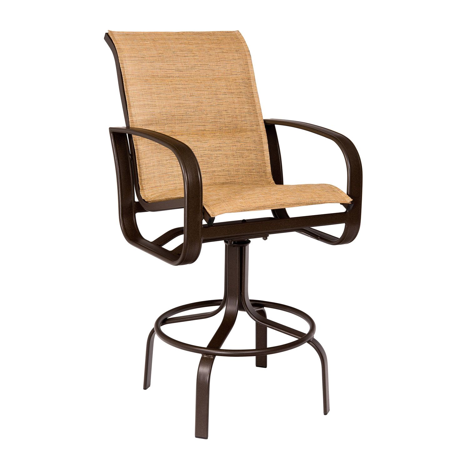 Woodard Cayman Isle Padded Sling Swivel Bar Stool, Aged Teak, Augustine Alloy (Grade A), Grade A Fabric, Garden Chairs, Bar Stools, Sling, Cayman Isle , Aluminum, Curved, 4 Legs, Outdoor