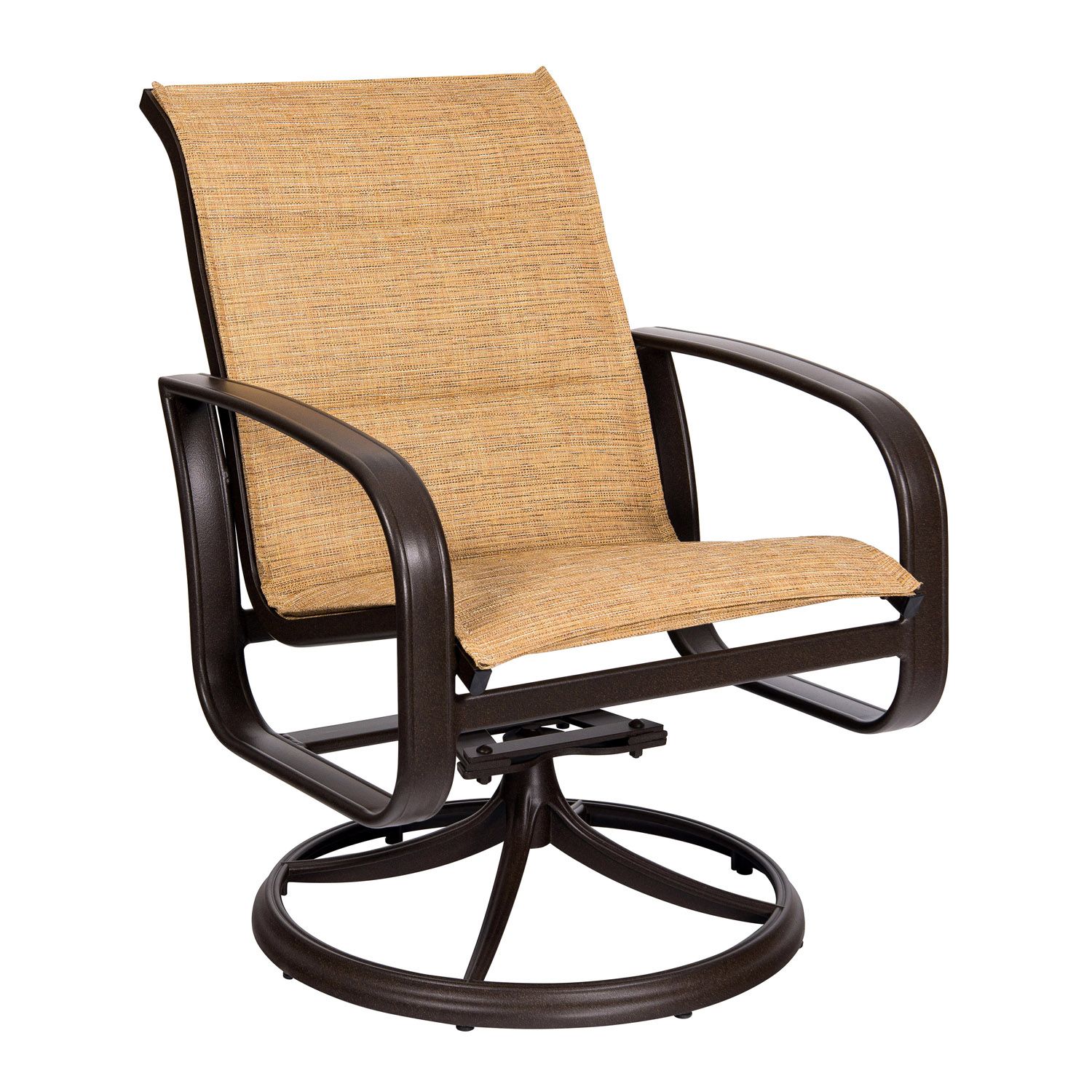 Woodard Cayman Isle Padded Sling Swivel Rocking Dining Armchair, Aged Teak, Augustine Alloy (Grade A), Grade A Fabric, Garden Chairs, Arm Chairs, Sling, Cayman Isle , Aluminum, Curved, Frame, Outdoor