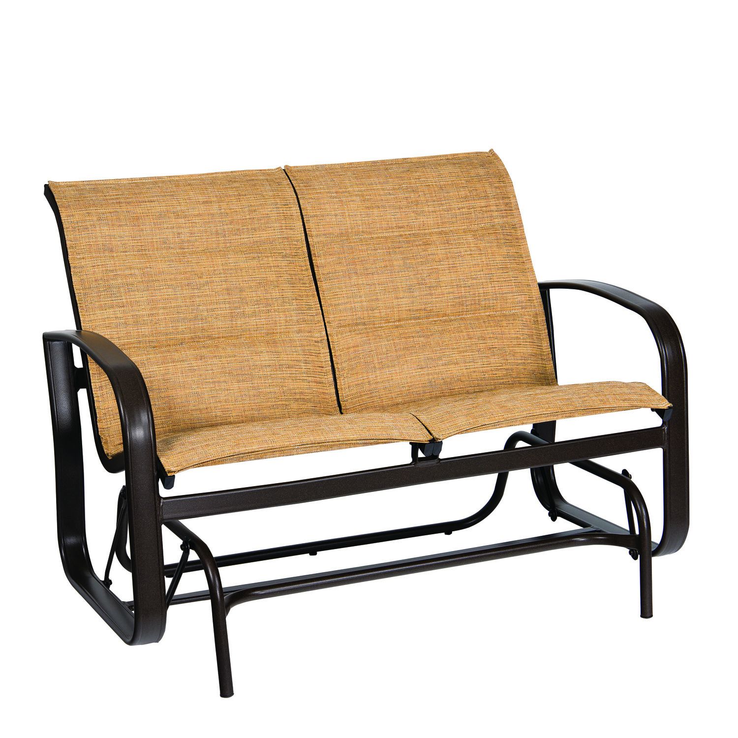 Woodard Cayman Isle Padded Sling Gliding Love Seat, Aged Teak, Augustine Alloy (Grade A), Grade A Fabric, Garden Chairs, Gliders, Sling, Cayman Isle , Aluminum, Curved, Frame, Outdoor