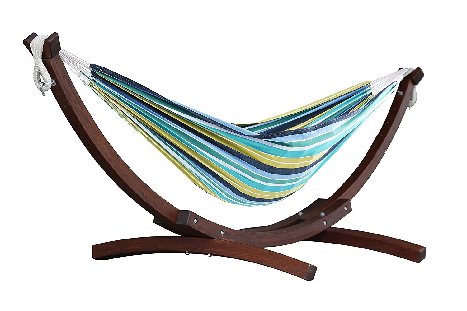 Vivere Double Cotton Hammock with Solid Pine Arc Stand - Cayo Reef/Retro/Natural with Fringe (8ft)