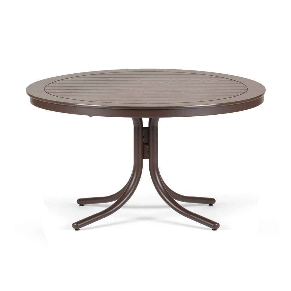 Telescope Casual 42" Round Marine Grade Polymer Table Top Only With Umbrella Hole, Dining Height Table Legs, Textured Beachwood, Slatted Kona, Aluminum, Outdoor