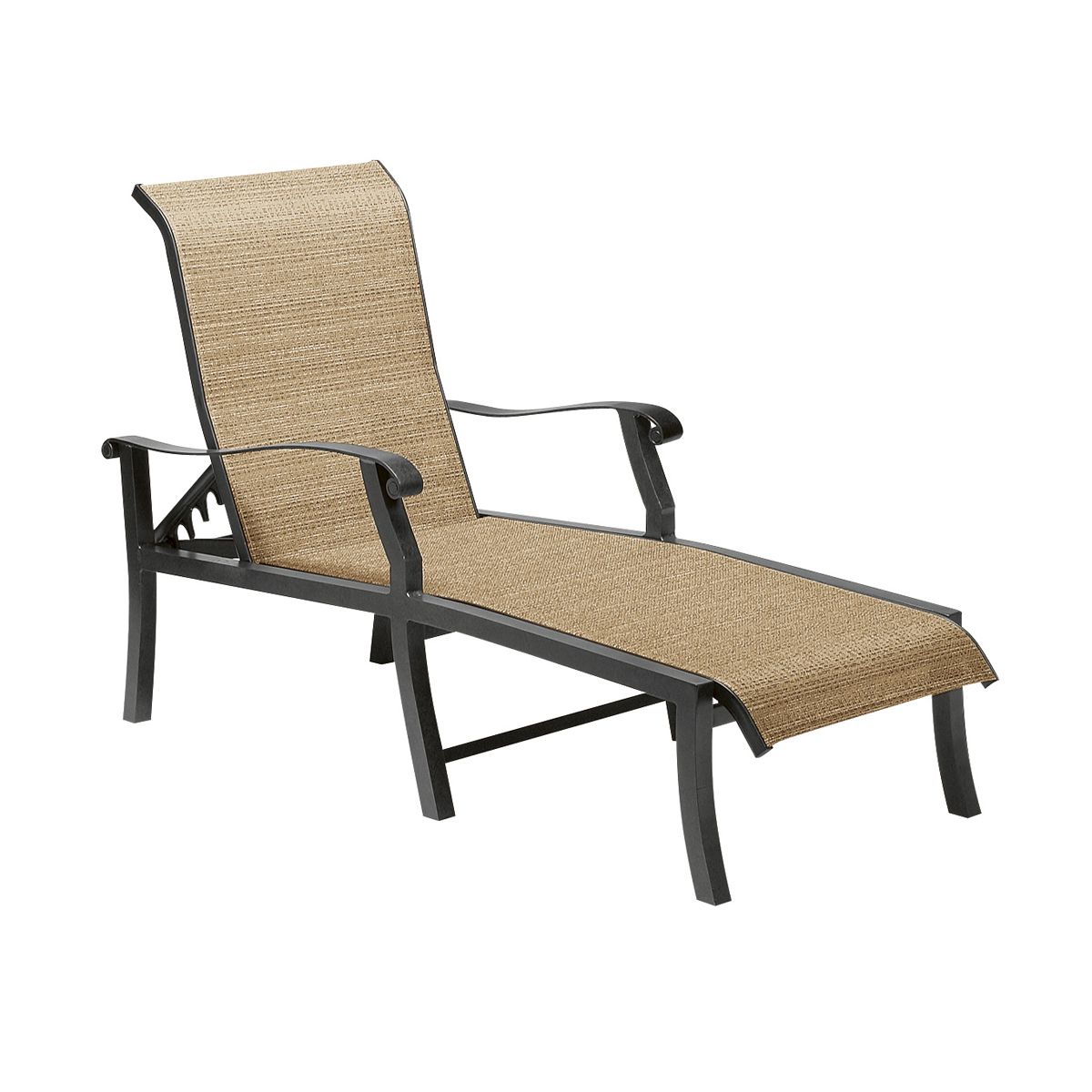 Woodard Cortland Sling Adjustable Chaise Lounge, Aged Teak, Augustine Alloy (Grade A), Grade A Fabric, Garden Chairs, Lounge Chairs, Cortland, Aluminum, Lounge Chairs, Curved, Outdoor