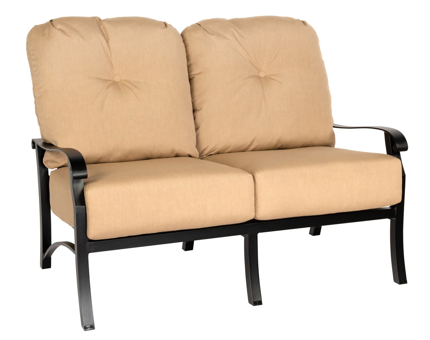 Woodard Cortland Cushion Love Seat, Aged Teak, Beach Bum Creamsicle (Grade A), Grade A Fabric, Garden Chairs, Loveseat, Cushion, Cortland, Aluminum, Fabric, Curved, Frame, Outdoor