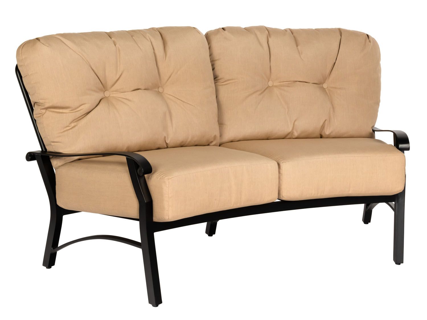 Woodard Cortland Cushion Crescent Love Seat, Aged Teak, Beach Bum Creamsicle (Grade A), Grade A Fabric, Garden Chairs, Loveseat, Cushion, Cortland, Aluminum, Fabric, Curved, 5+ Legs, Outdoor