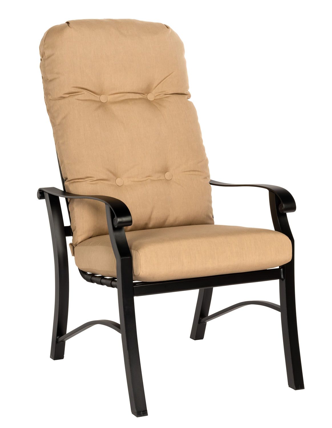 Woodard Cortland Cushion High Back Dining Arm Chair, Aged Teak, Beach Bum Creamsicle (Grade A), Grade A Fabric, Garden Chairs, Dining Chairs, Cushion, Cortland, Aluminum, Fabric, Curved, 4 Legs, Outdoor