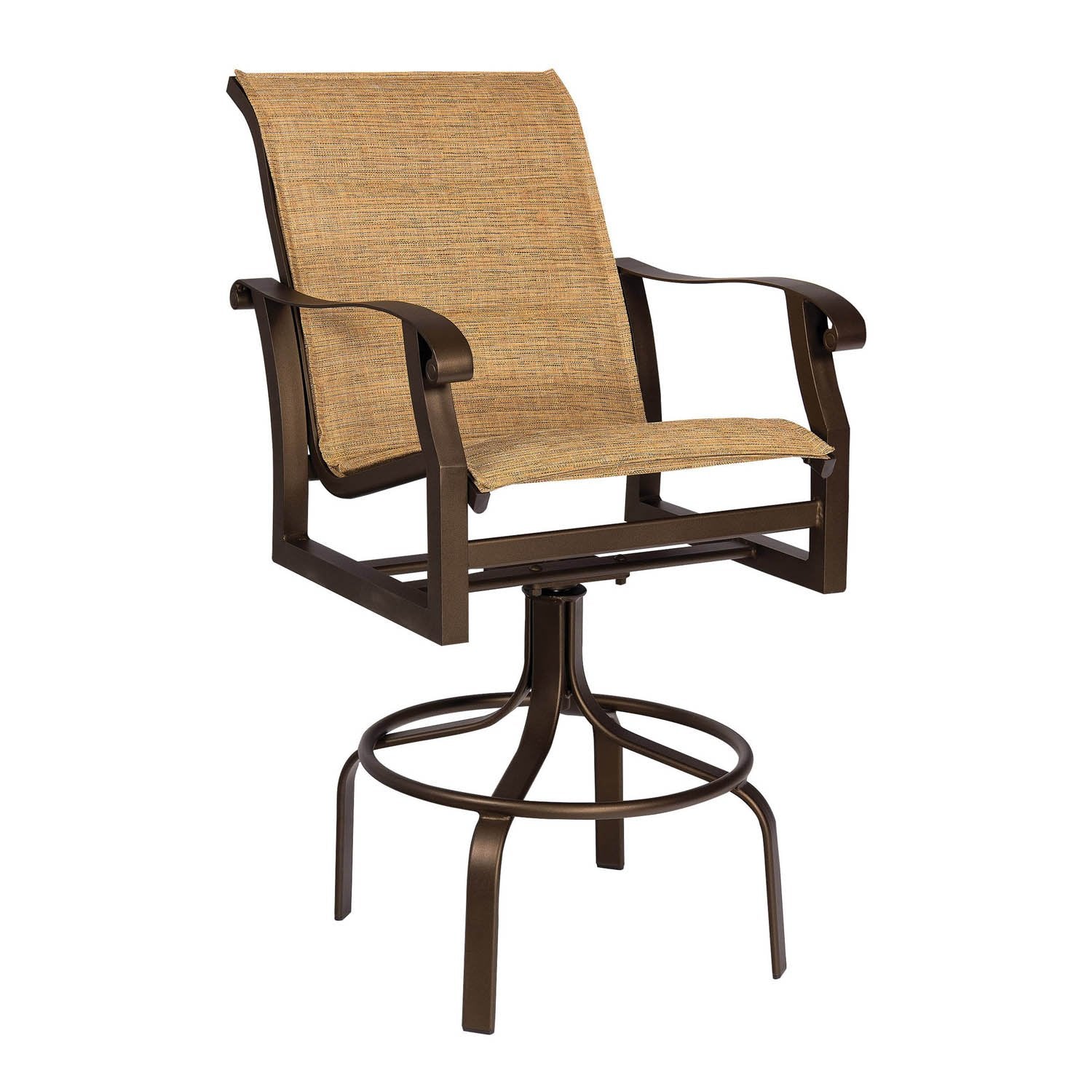 Woodard Cortland Padded Sling Swivel Bar Stool, Aged Teak, Augustine Alloy (Grade A), Grade A Fabric, Bar Stools, Aluminum, Rectangular, 4 Legs, Outdoor