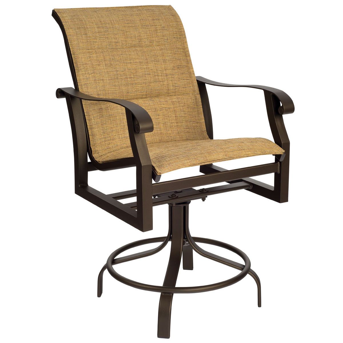 Woodard Cortland Padded Sling Swivel Counter Stool, Aged Teak, Augustine Alloy (Grade A), Grade A Fabric, Garden Chairs, Counter Stools, Cortland, Aluminum, Counter Stools, Curved, Outdoor
