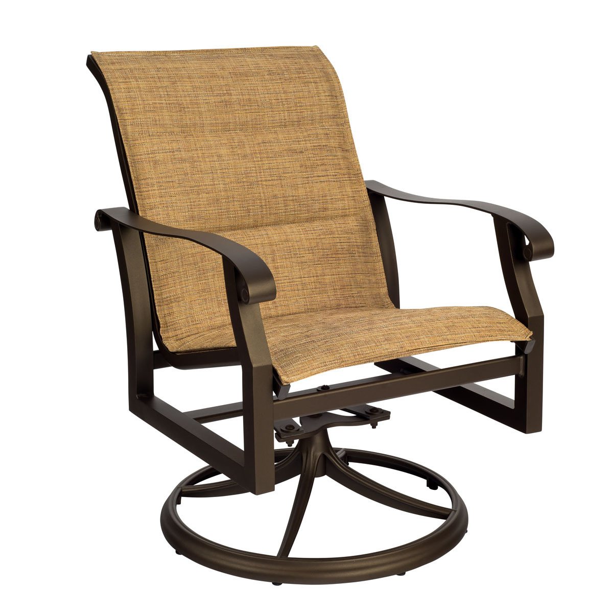 Woodard Cortland Padded Sling Swivel Rocking Dining Arm Chair, Aged Teak, Augustine Alloy (Grade A), Grade A Fabric, Rockers, Aluminum, Rectangular, Rocking Chair Legs, Outdoor
