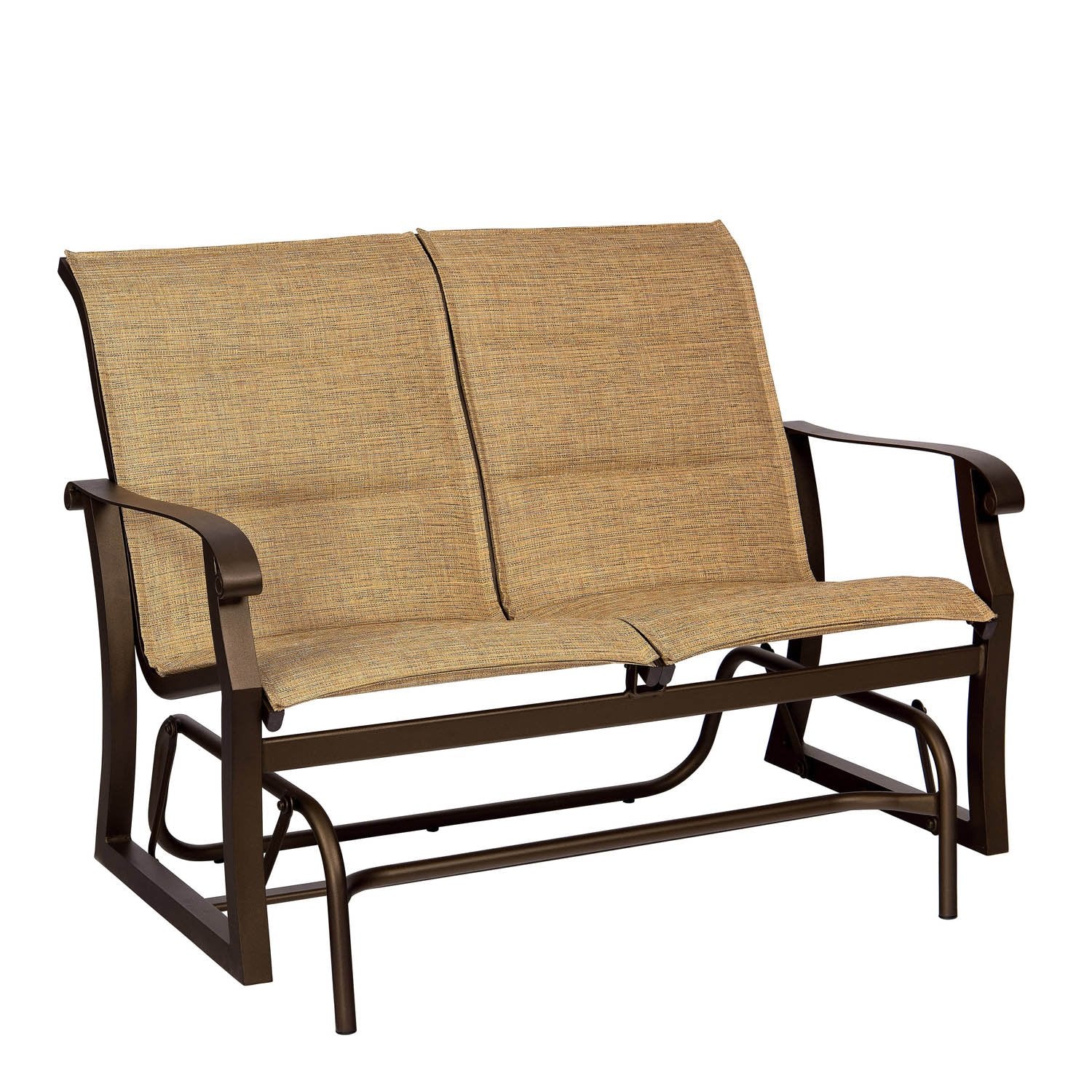 Woodard Cortland Padded Sling Gliding Love Seat, Aged Teak, Augustine Alloy (Grade A), Grade A Fabric, Loveseats, Aluminum, Square, Frame, Outdoor