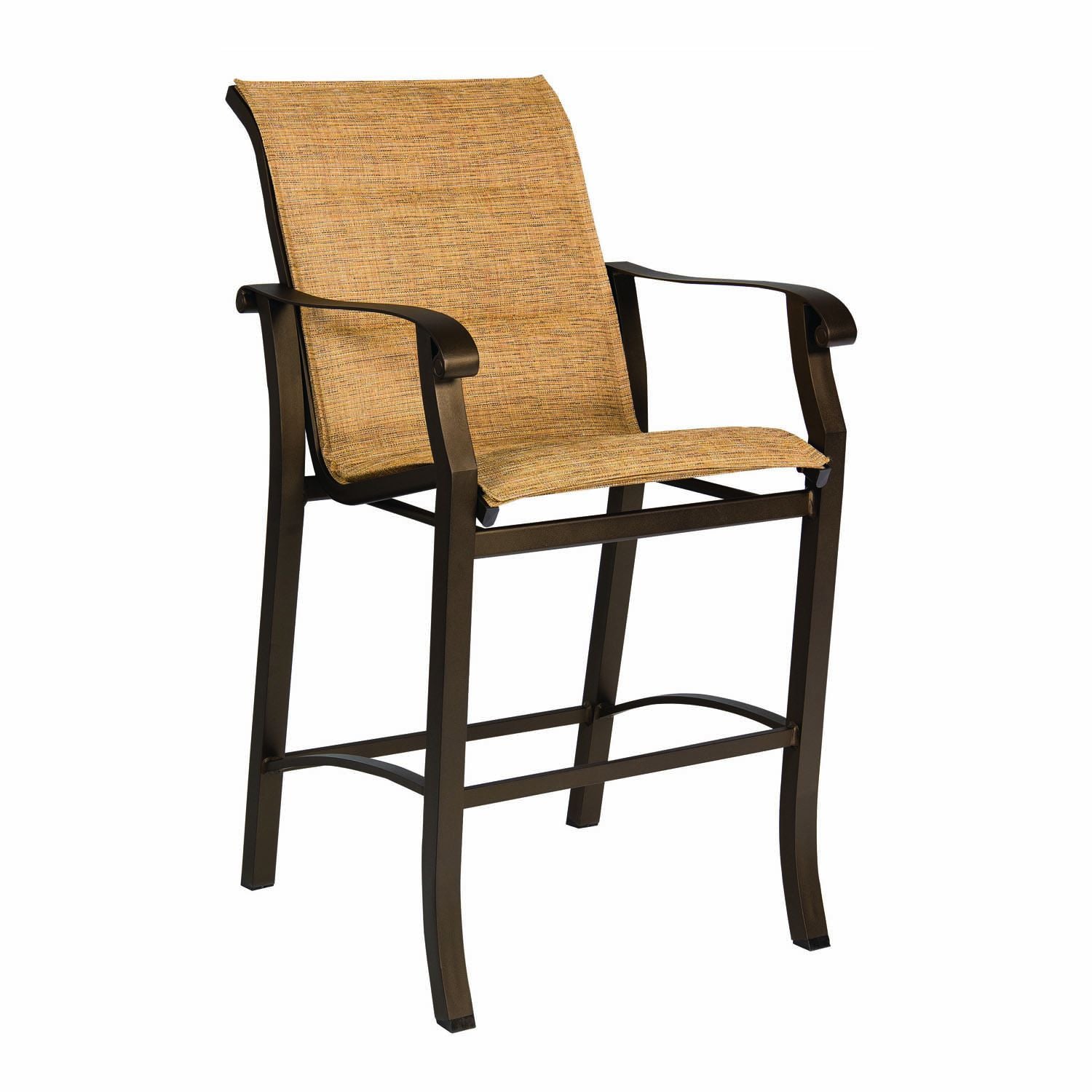 Woodard Cortland Padded Sling Stationary Bar Stool, Aged Teak, Augustine Alloy (Grade A), Grade A Fabric, Garden Chairs, Counter Stools, Cortland, Aluminum, Bar Stools, Curved, Outdoor