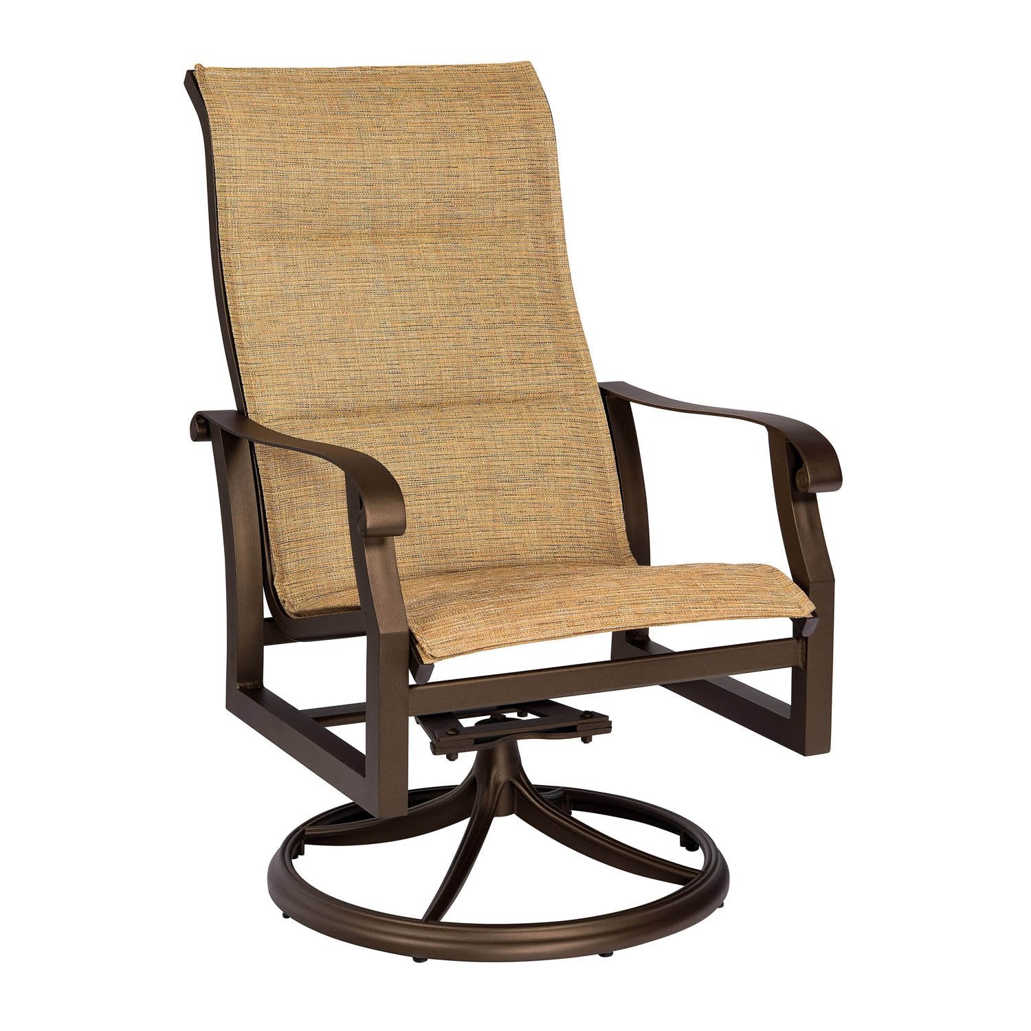 Woodard Cortland Padded Sling High Back Swivel Rocking Dining Armchair, Aged Teak, Augustine Alloy (Grade A), Grade A Fabric, Rockers, Aluminum, Rectangular, Rocking Chair Legs, Outdoor