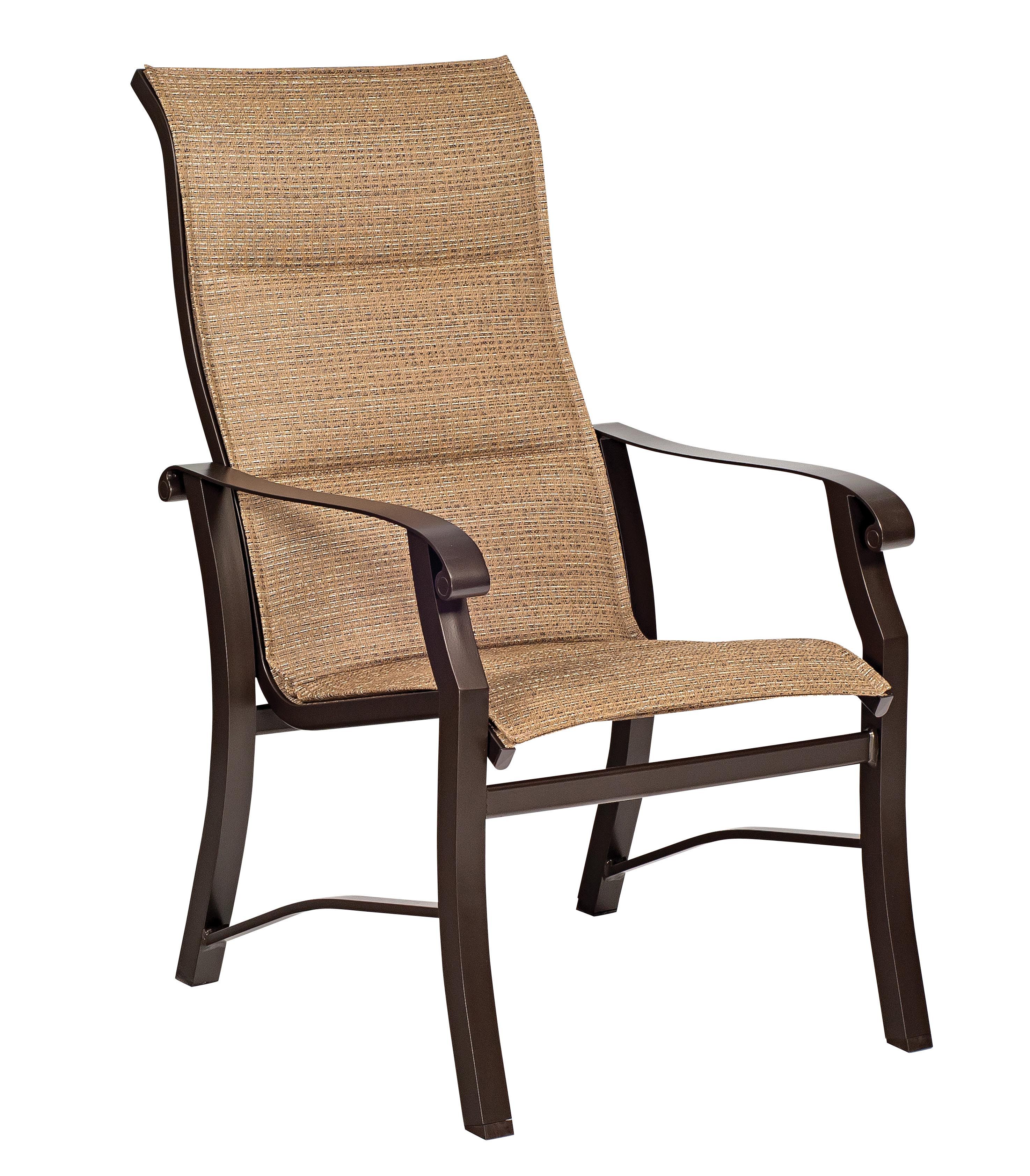 Woodard Cortland Padded Sling High-Back Dining Armchair, Aged Teak, Augustine Alloy (Grade A), Grade A Fabric, Garden Chairs, Arm Chairs, Cortland, Aluminum, Armchair, Curved, Outdoor