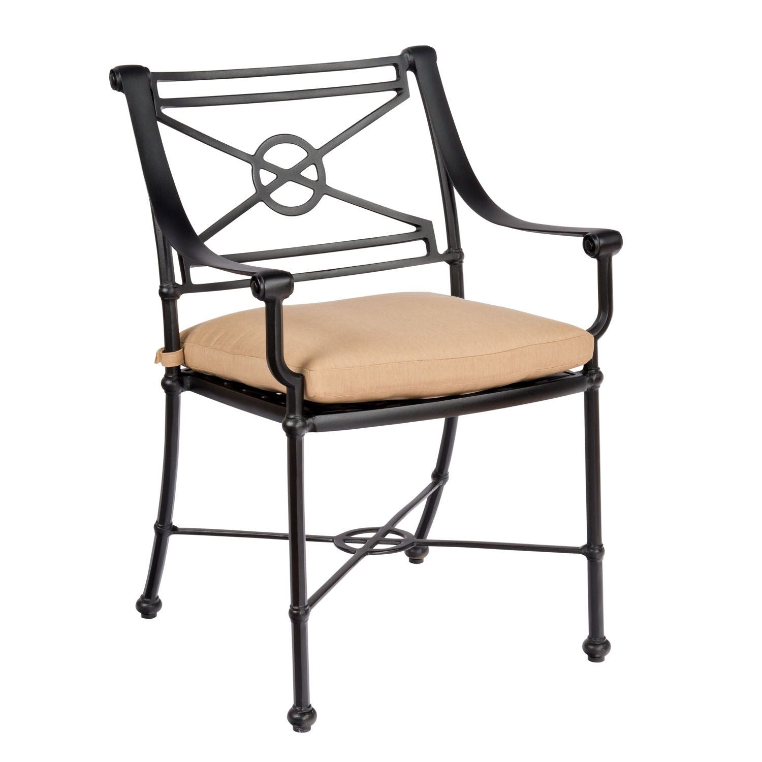 Woodard Delphi Dining Arm Chair with Optional Cushion, Aged Teak, Beach Bum Creamsicle (Grade A), Grade A Fabric, Garden Chairs, Dining Chairs, Delphi, Aluminum, Fabric, Dining Chairs, Curved, Outdoor