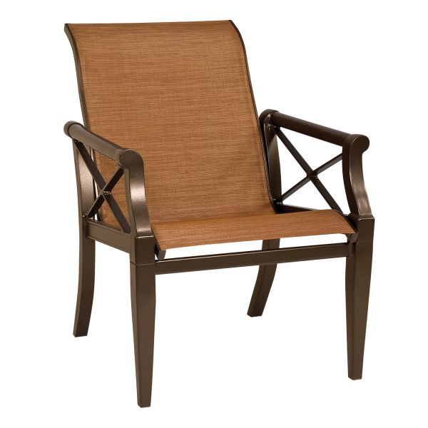 Woodard Andover Sling Dining Armchair, Aged Teak, Grade A Fabric, Augustine Alloy (Grade A), Garden Chairs, Dining Chairs, Cushion, Andover, Aluminum, Fabric, Wood, Curved, Frame, Outdoor