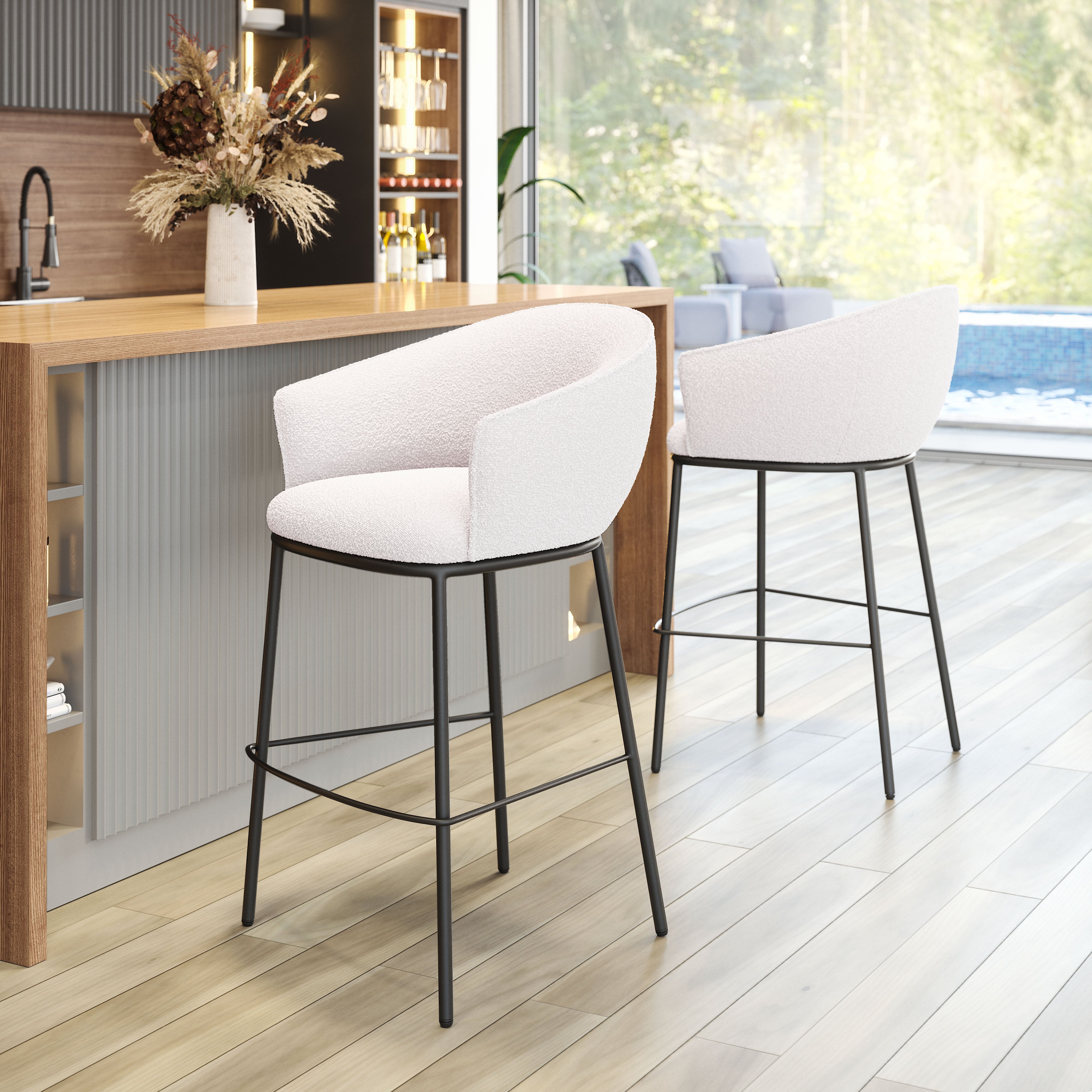 Zuo Modern Essen Barstool in Ivory/Black & Bronze, Ivory, Bar Stools, Plywood, Polyester, Steel, Curved, 4 Legs, Indoor