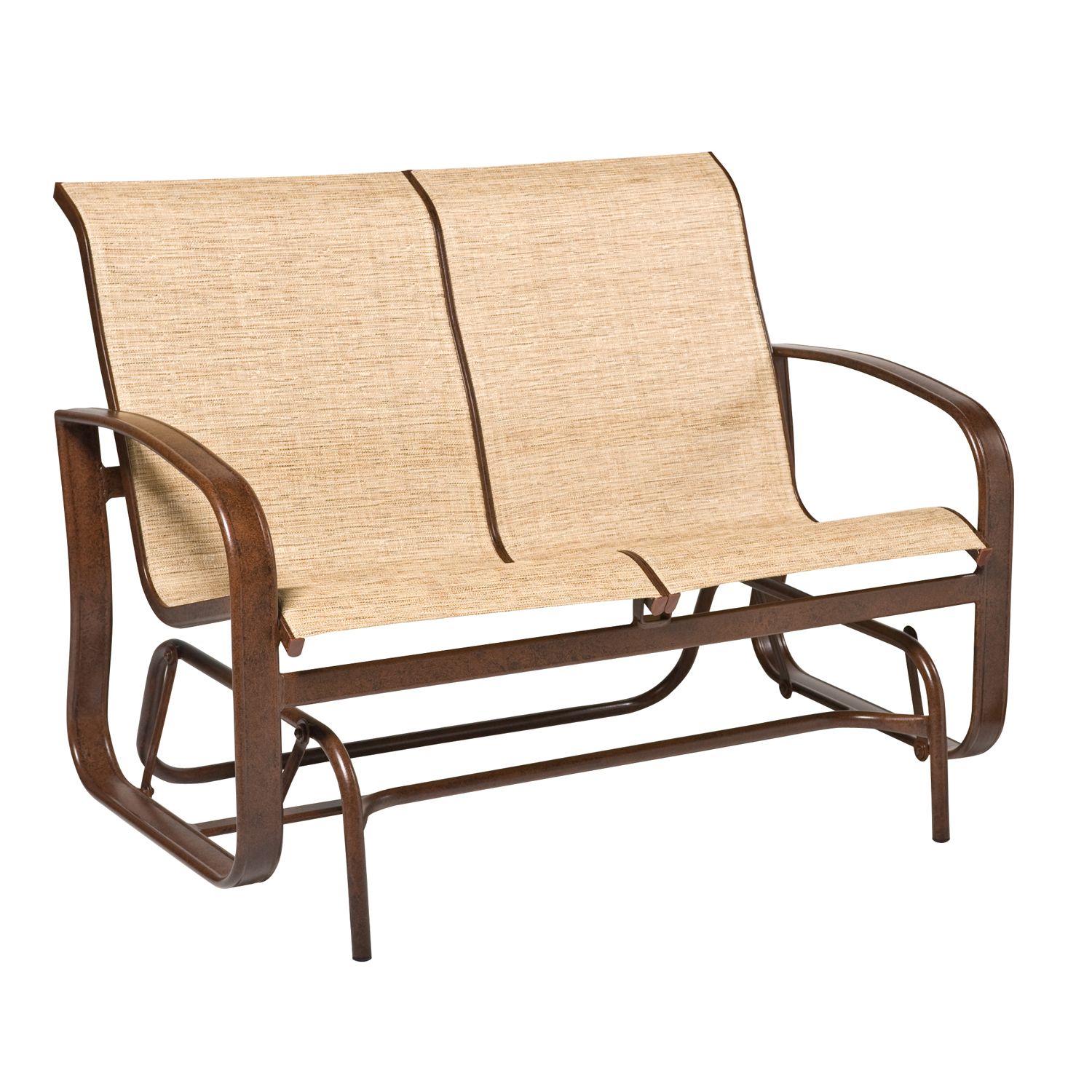 Woodard Cayman Isle Sling Gliding Love Seat, Aged Teak, Augustine Alloy (Grade A), Grade A Fabric, Garden Chairs, Gliders, Sling, Cayman Isle , Aluminum, Curved, Frame, Outdoor