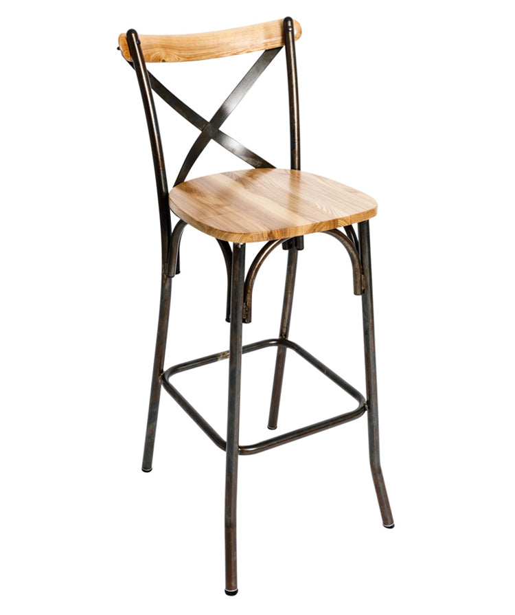 BFM Seating Henry Cross Back Barstool In Autumn/Natural Ash Wood Back And Steel Frame With Distressed Finish
