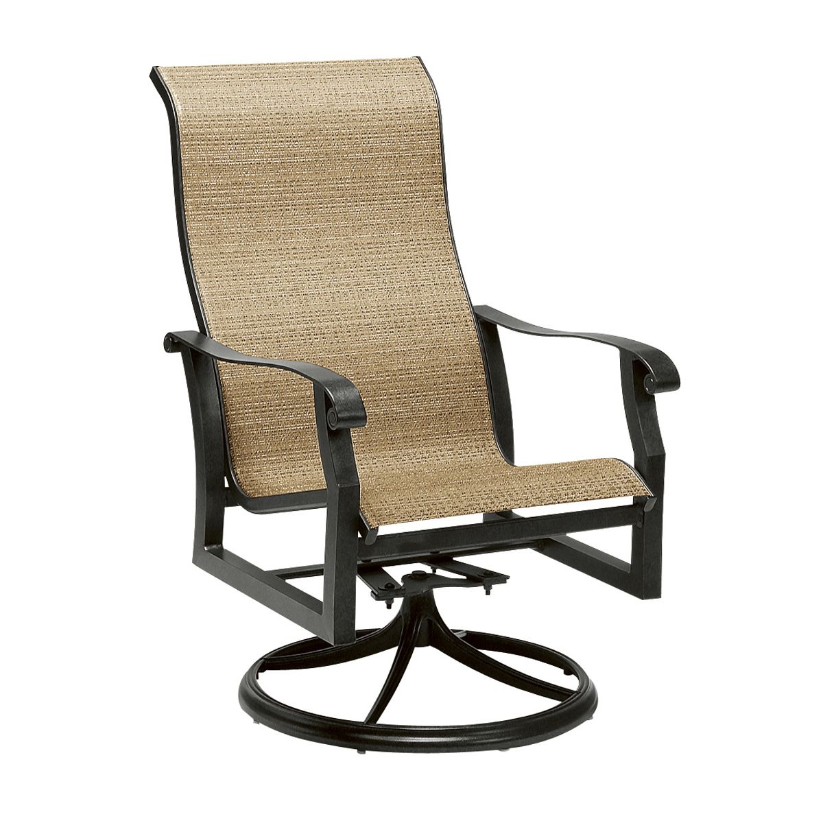 Woodard Cortland Sling High Back Swivel Rocking Dining Armchair, Aged Teak, Augustine Alloy (Grade A), Grade A Fabric, Garden Chairs, Rockers, Cortland, Aluminum, Rockers, Curved, Outdoor