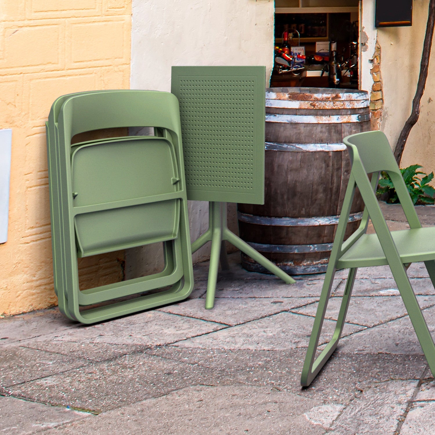 Compamia Dream Folding Outdoor Bistro Set with White/Olive Green Table and 2 White/Olive Green Chairs