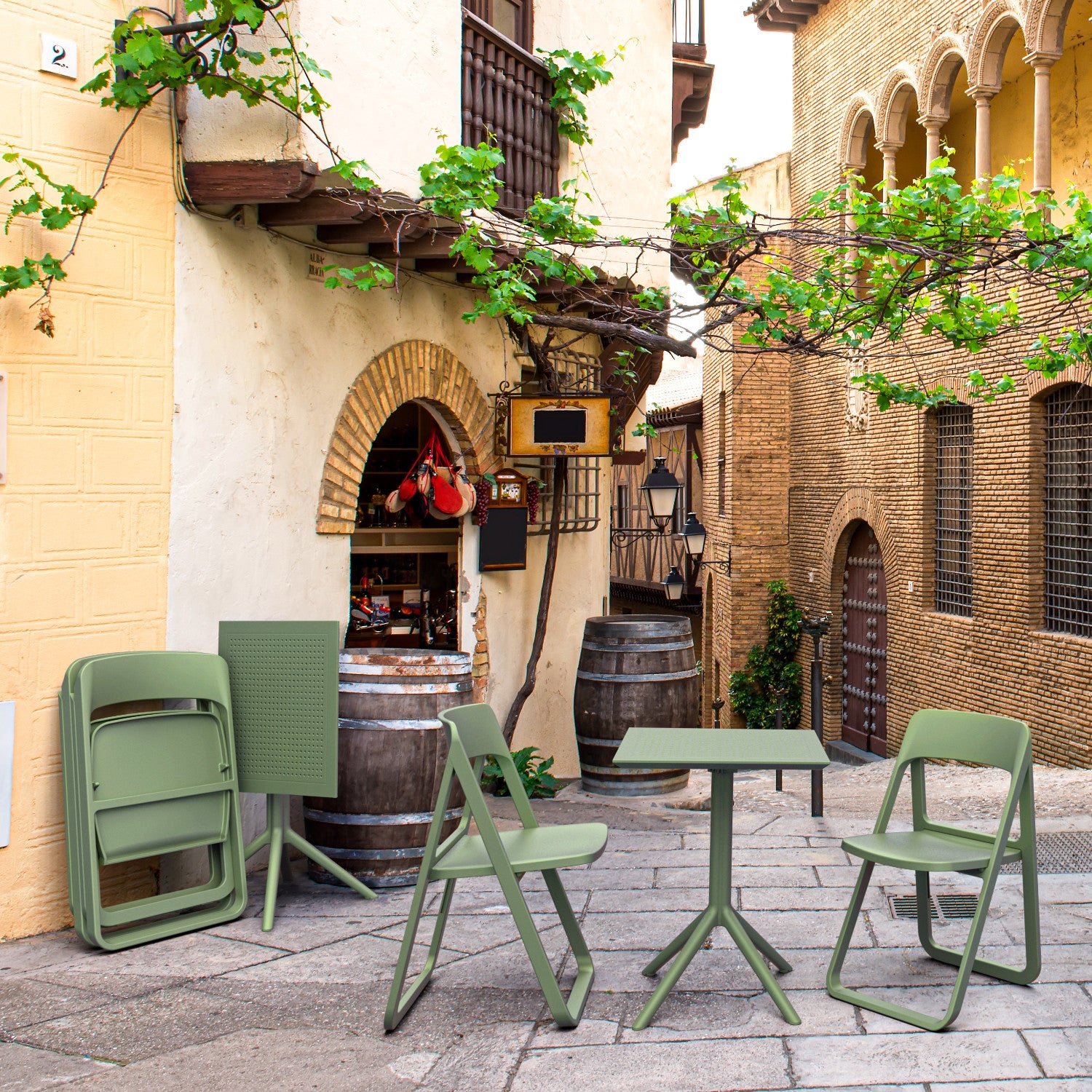 Compamia Dream Folding Outdoor Bistro Set with White/Olive Green Table and 2 White/Olive Green Chairs
