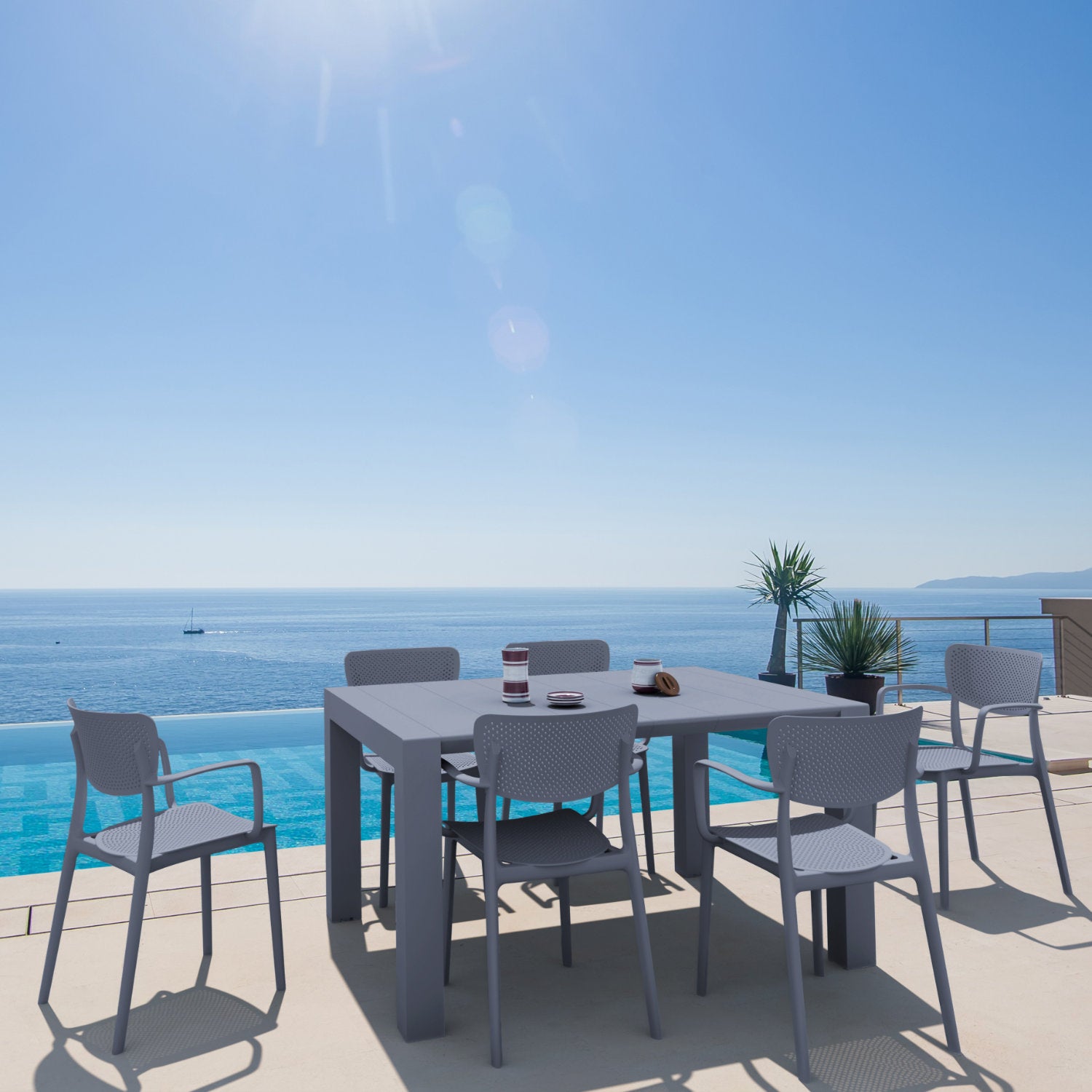 Compamia Loft Outdoor Dining Set with 6 Arm Chairs and 55 inch Extension Table Black/Dark Gray/Taupe/White