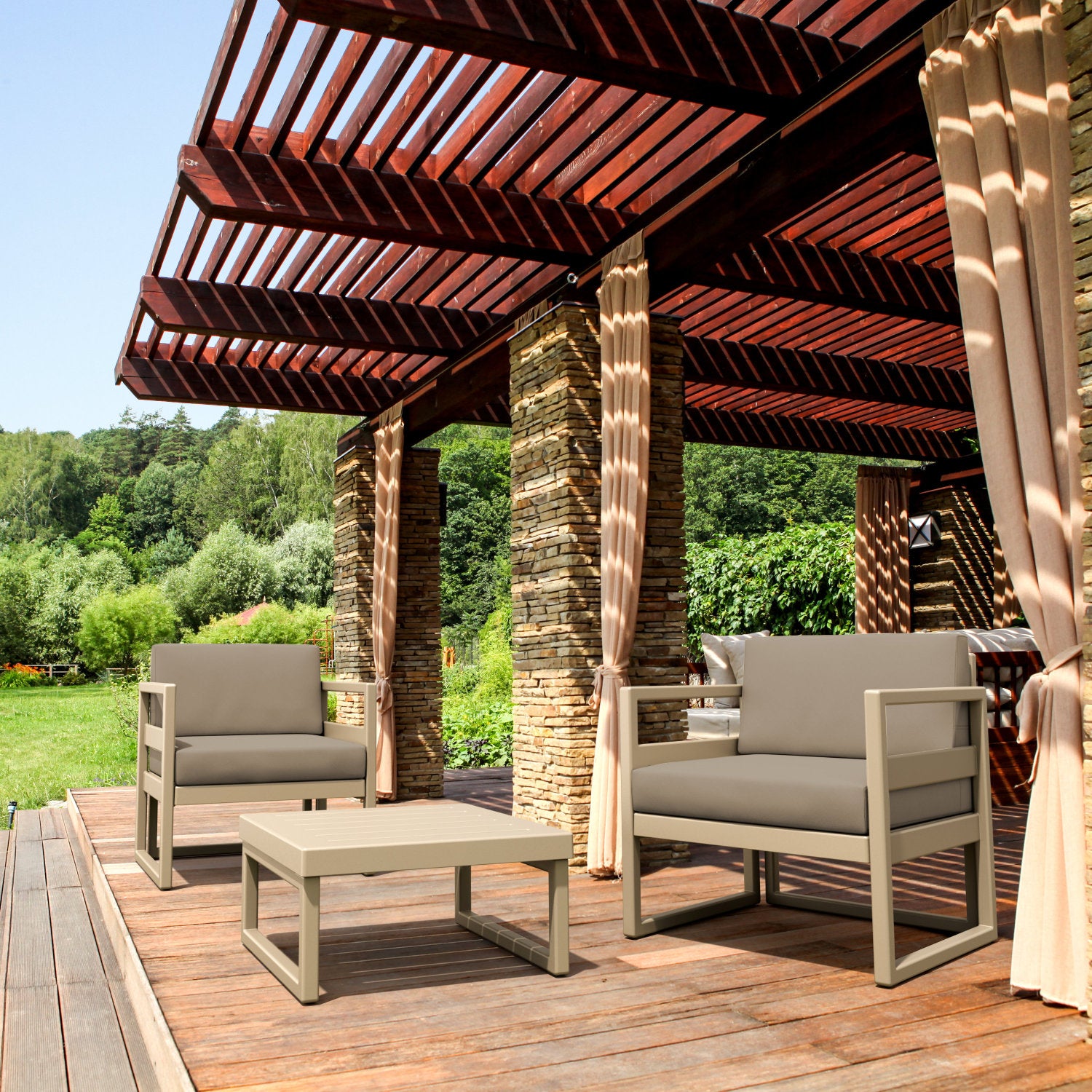 Compamia Mykonos Club Seating Set 3 Piece in Taupe/White/Silver with Sunbrella Charcoal/Natural/Taupe Cushion
