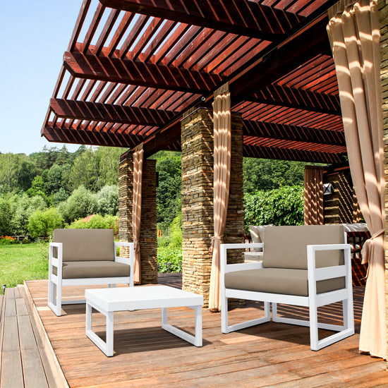 Compamia Mykonos Club Seating Set 3 Piece in Taupe/White/Silver with Sunbrella Charcoal/Natural/Taupe Cushion