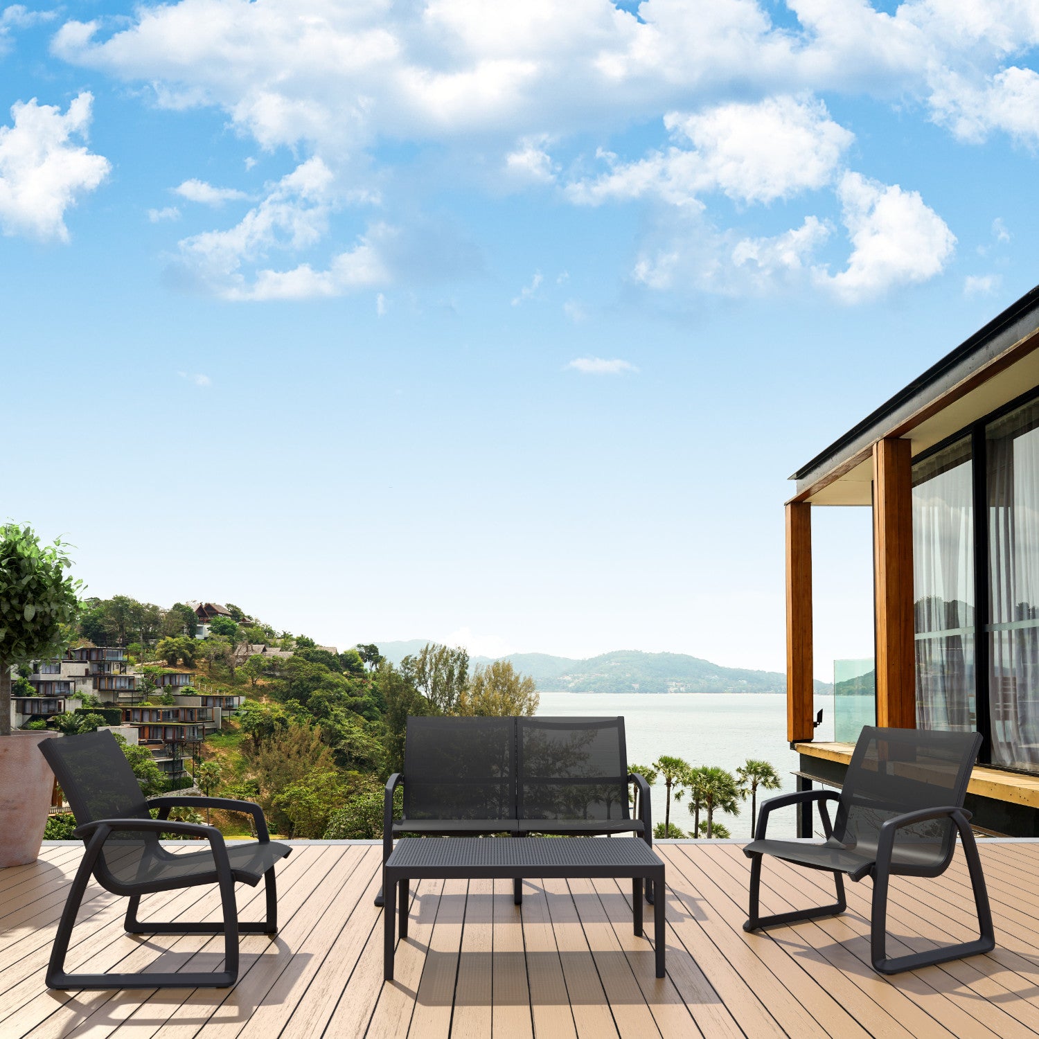 Compamia Pacific Club Arm Chair in Black/Dark Gray/Taupe/White Frame- Set of two