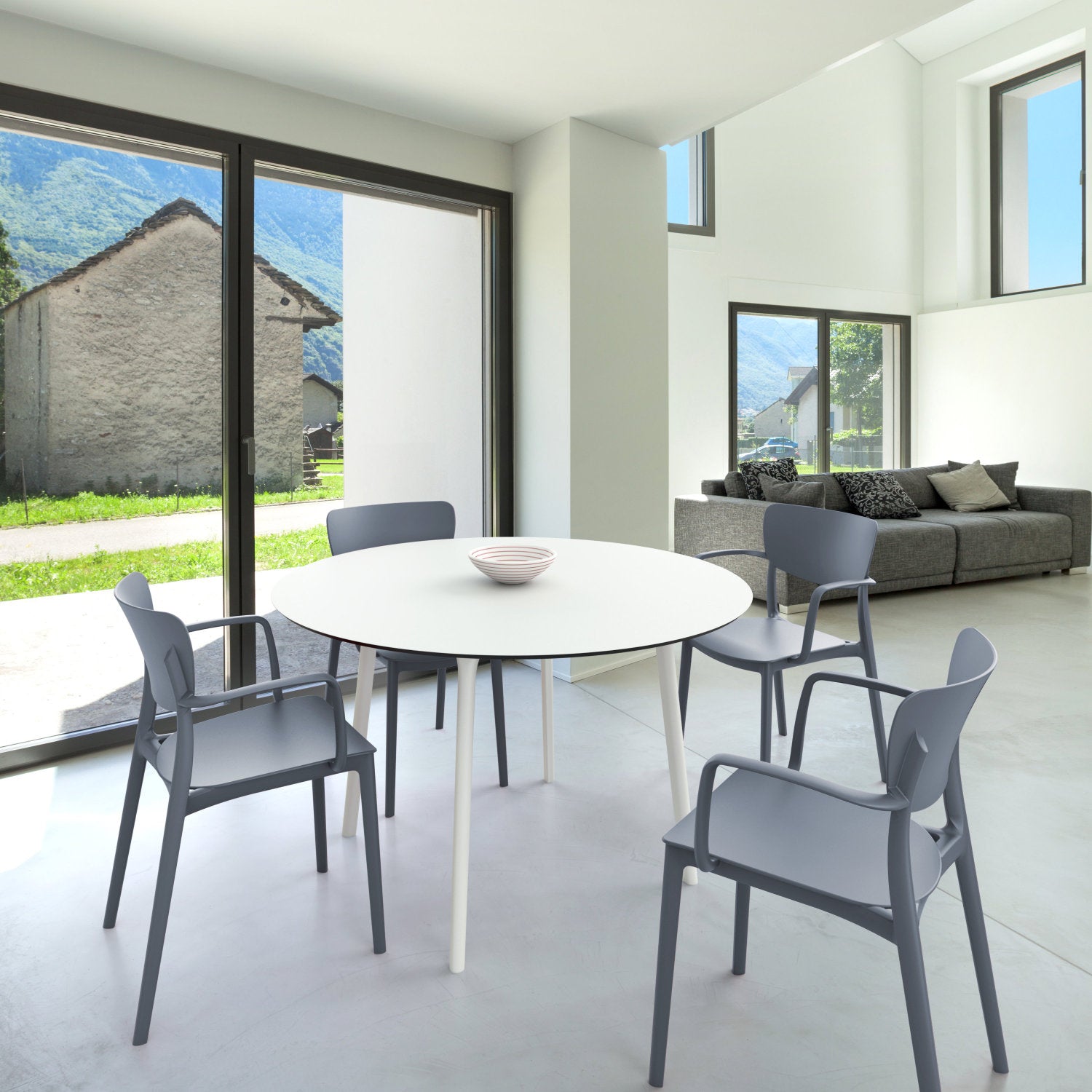 Compamia Lisa Round Dining Set with 47 inch White Table and Black/Dark Gray/Taupe/Olive Green/Red/White Armcairs