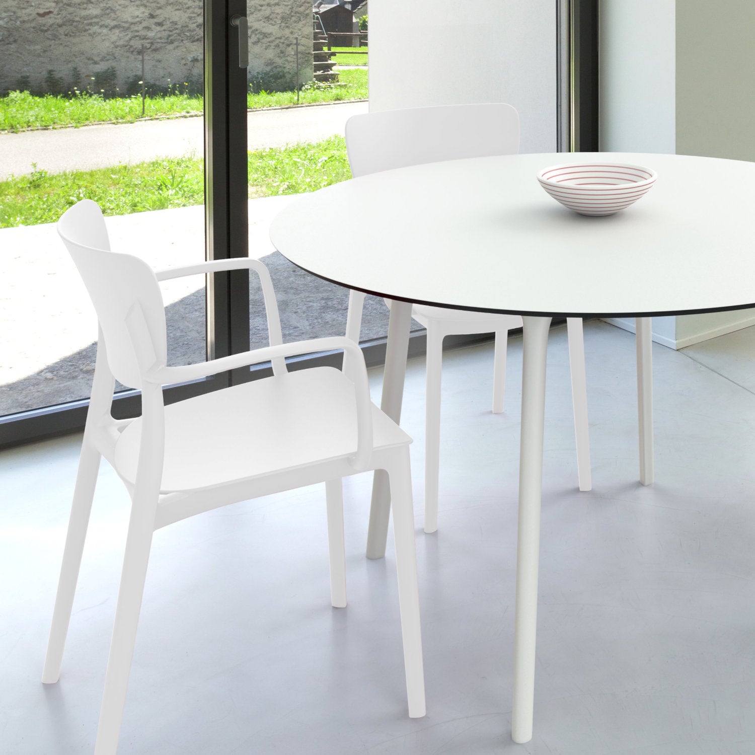 Compamia Lisa Round Dining Set with 47 inch White Table and Black/Dark Gray/Taupe/Olive Green/Red/White Armcairs