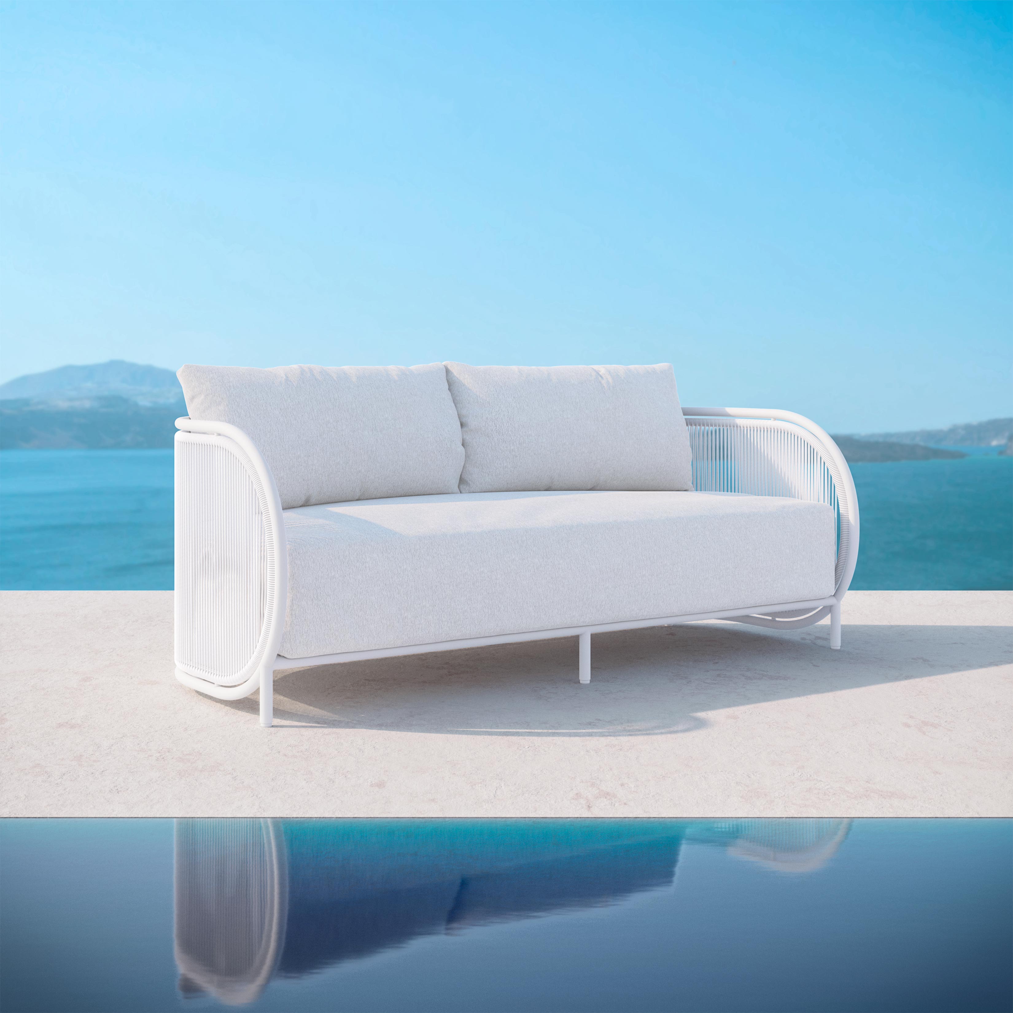 Azzurro Living Kamari 3 Seat Sofa With Matte White Aluminum Frame And White Mist All-Weather Texteline Rope