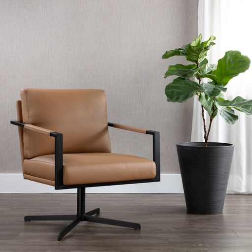 Sunpan Randy Swivel Lounge Chair Alpine Beige / Linea Wood Leather