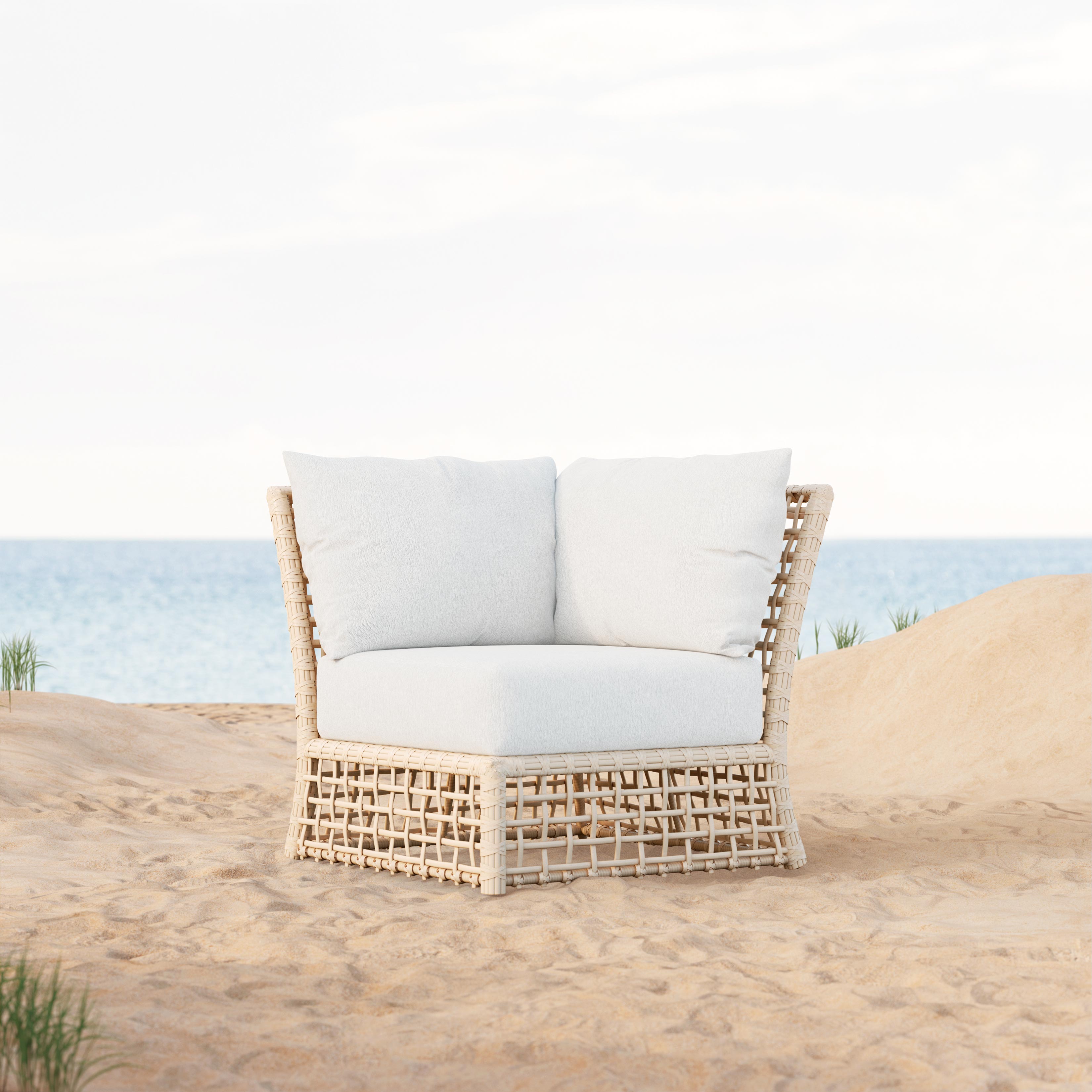 Azzurro Living Kiawah Corner Chair With Natural Aluminum Frame And Almond All-Weather Wicker