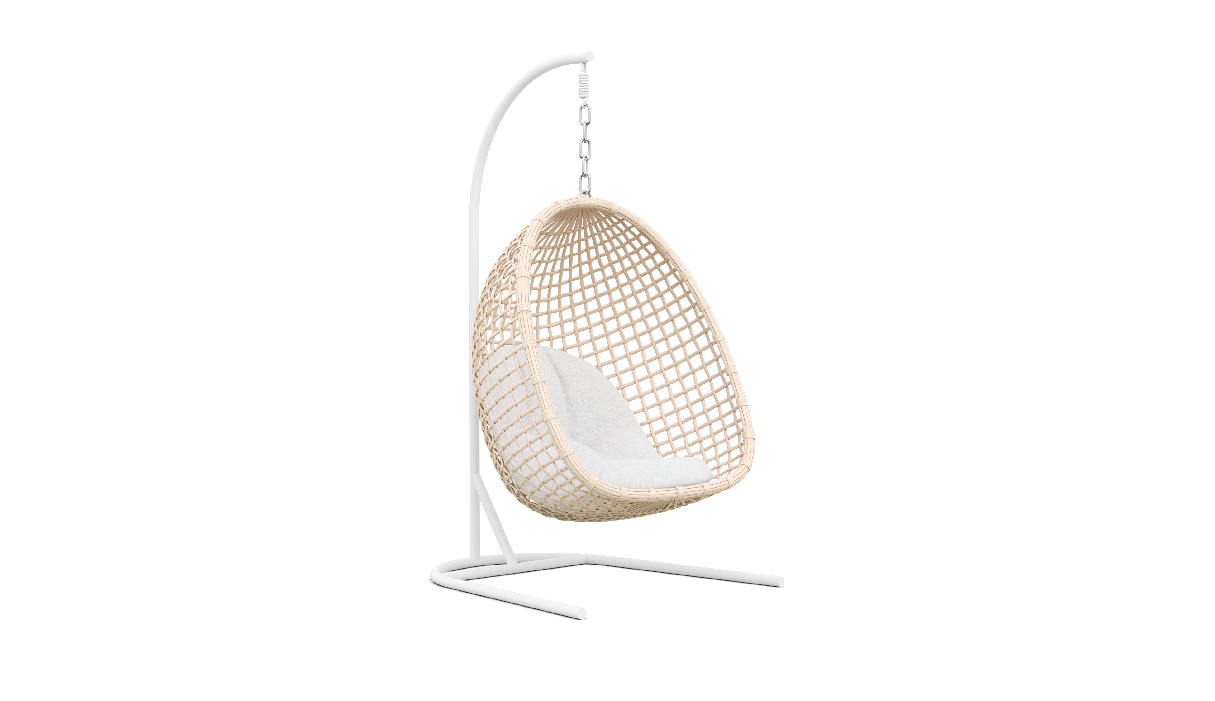 Azzurro Living Kiawah Hanging Chair With Matte White Aluminum Frame And Almond All-Weather Wicker