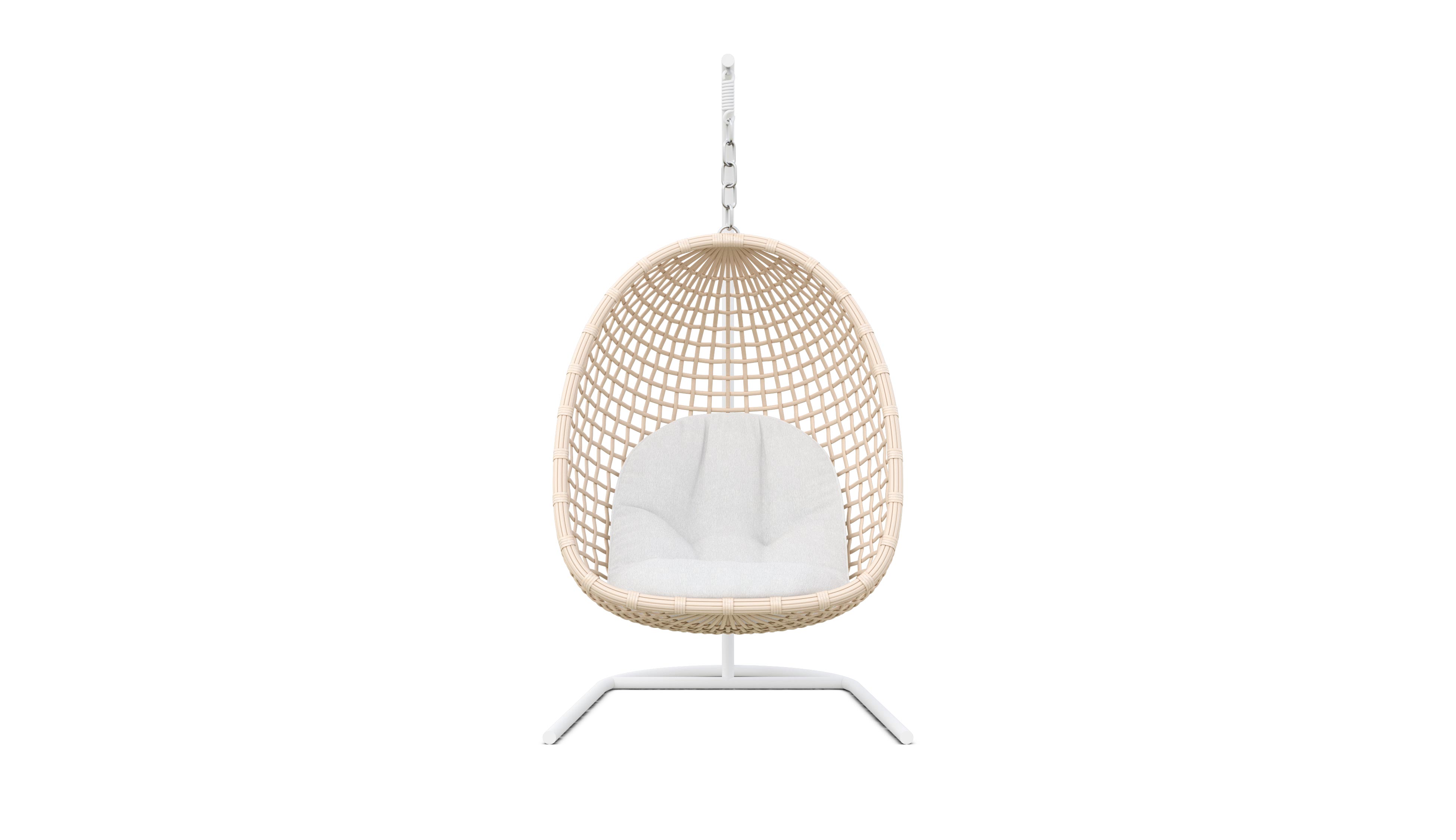 Azzurro Living Kiawah Hanging Chair With Matte White Aluminum Frame And Almond All-Weather Wicker