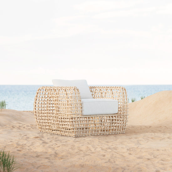 Azzurro Living Kiawah Club Chair In Matte White Aluminum and Almond All-Weather Wicker