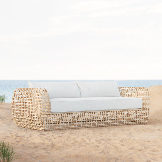 Azzurro Living Kiawah 3 Seat Sofa With Matte White Aluminum Frame and Almond All-Weather Wicker