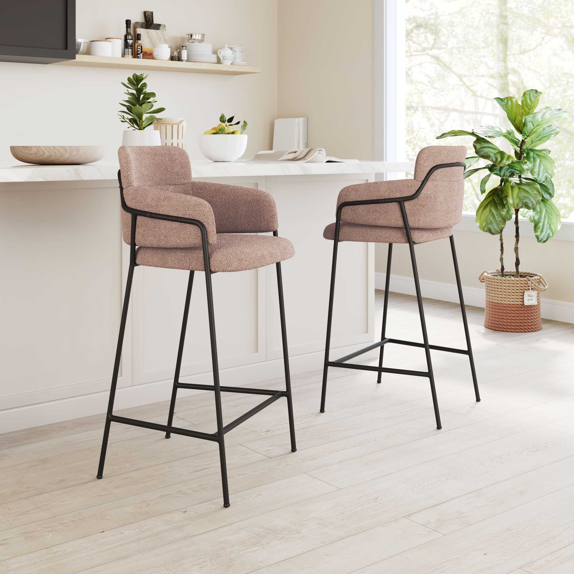 Zuo Modern Marcel Barstool in Cream/Brown, Cream, Bar Stools, Plywood, Polyester, Steel, Square, 4 Legs, Indoor