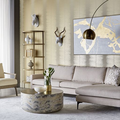 Sunpan Diaz Coffee Table in Grey-Wood Grain Brown / Marble-Look Antique Brass