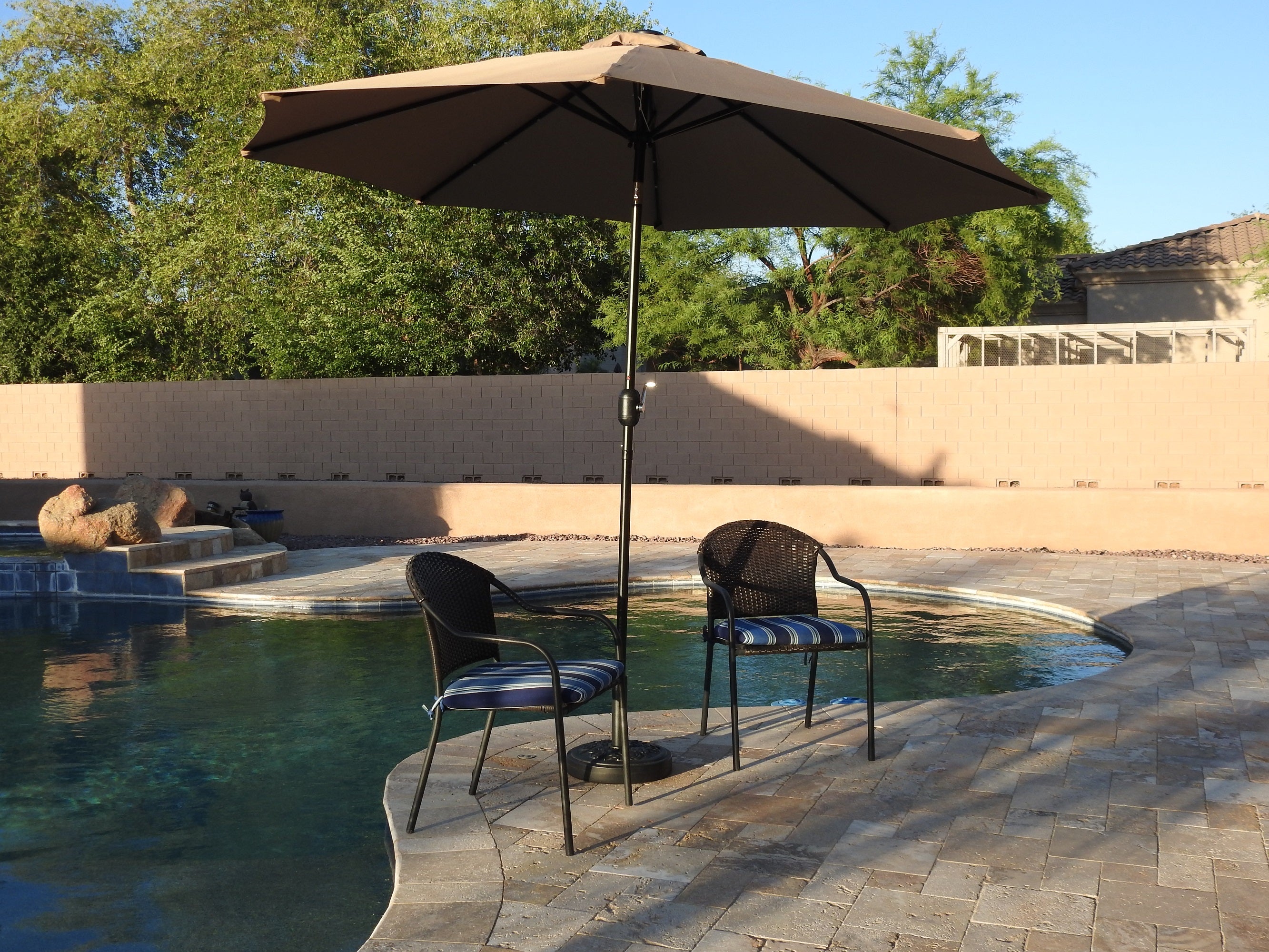 AZ Patio Heaters Solar Market Umbrella with LED Lights in Red / Tan with Base