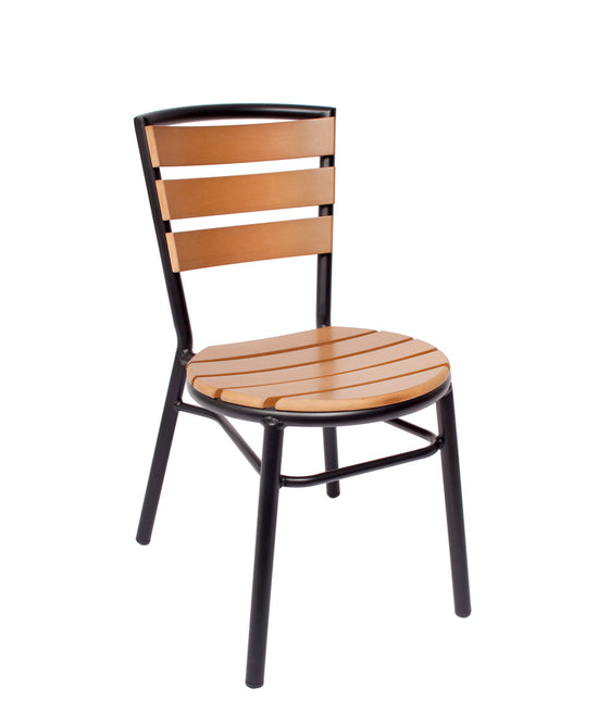 BFM Seating Norden Stacking Side Chair - Synthetic Teak Slats - Black Powder Coat Aluminum Frame