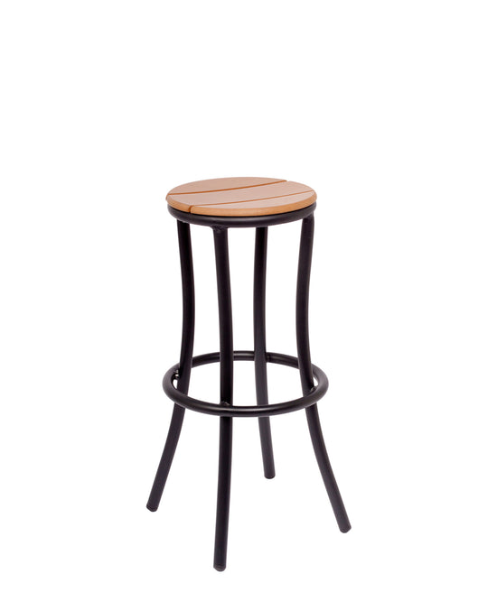 BFM Seating Norden Backless Barstool - Synthetic Teak Slats - Black Powder Coat Aluminum Frame