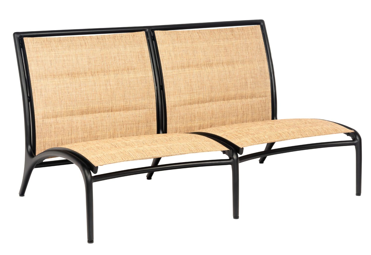 Woodard Orion Padded Sling Armless Love Seat - Low Seat, Aged Teak, Augustine Alloy (Grade A), Grade A Fabric, Garden Chairs, Loveseat, Orion, Aluminum, Loveseats, Curved, Outdoor