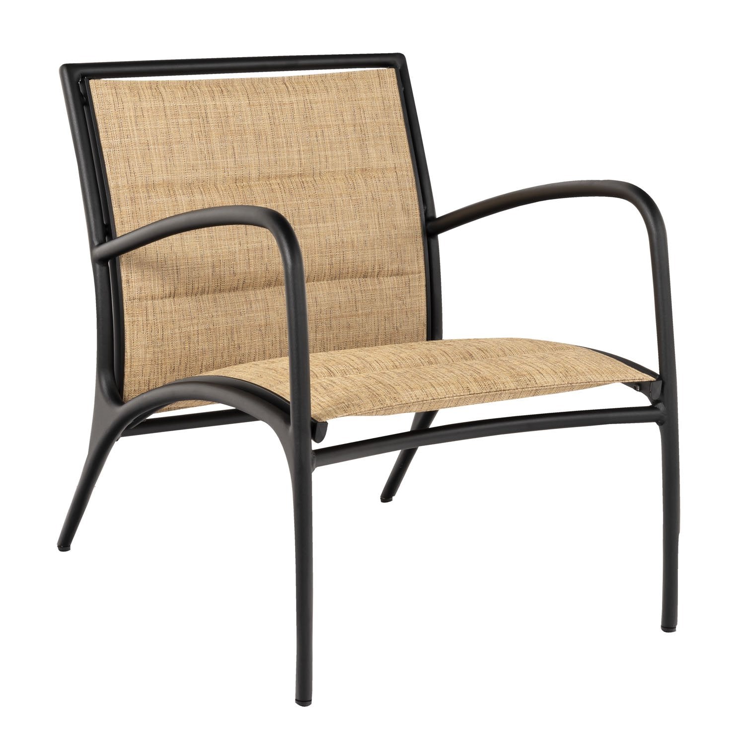 Woodard Orion Padded Sling Lounge Chair with Arms, Aged Teak, Augustine Alloy (Grade A), Grade A Fabric, Garden Chairs, Lounge Chairs, Orion, Aluminum, Lounge Chairs, Curved, Outdoor