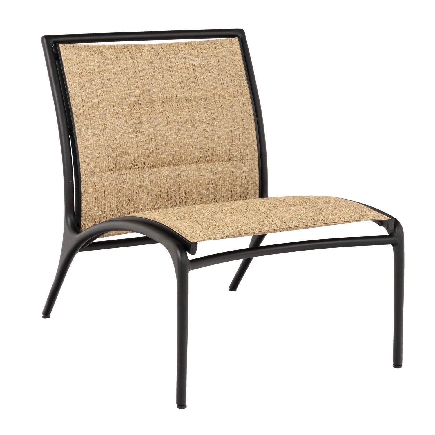 Woodard Orion Padded Sling Armless Lounge Chair, Aged Teak, Augustine Alloy (Grade A), Grade A Fabric, Garden Chairs, Lounge Chairs, Orion, Aluminum, Lounge Chairs, Curved, Outdoor