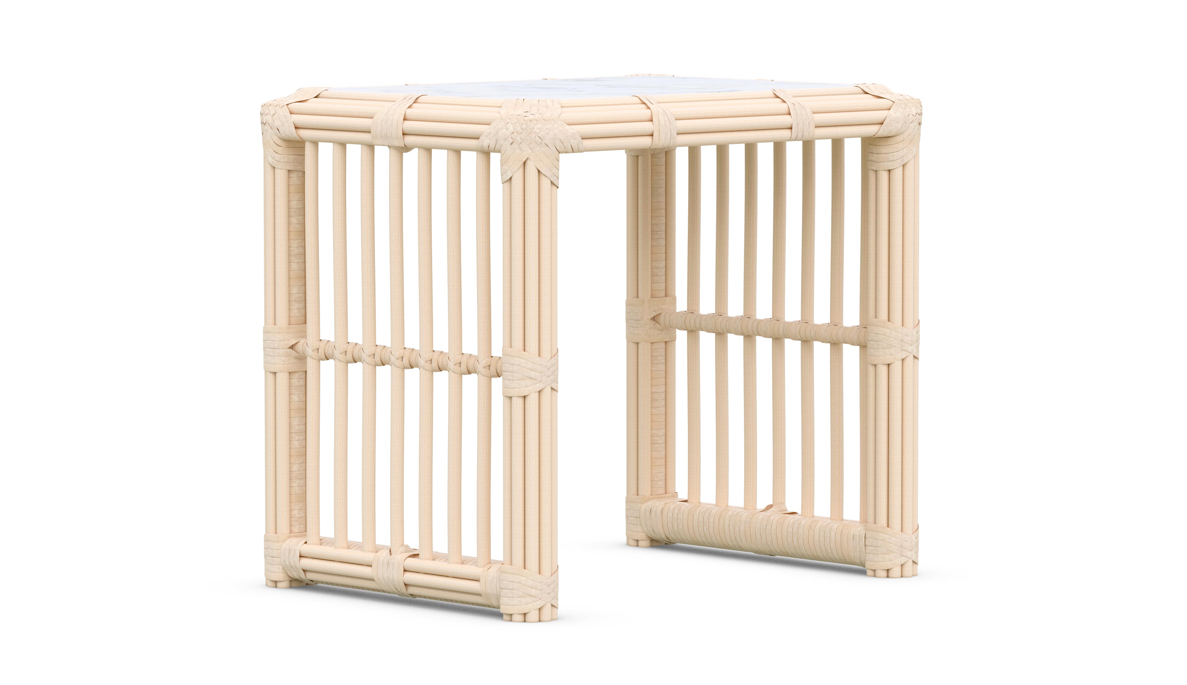 Azzurro Living Paloma Side Table With Matte White Aluminum Frame And Almond All-Weather Wicker