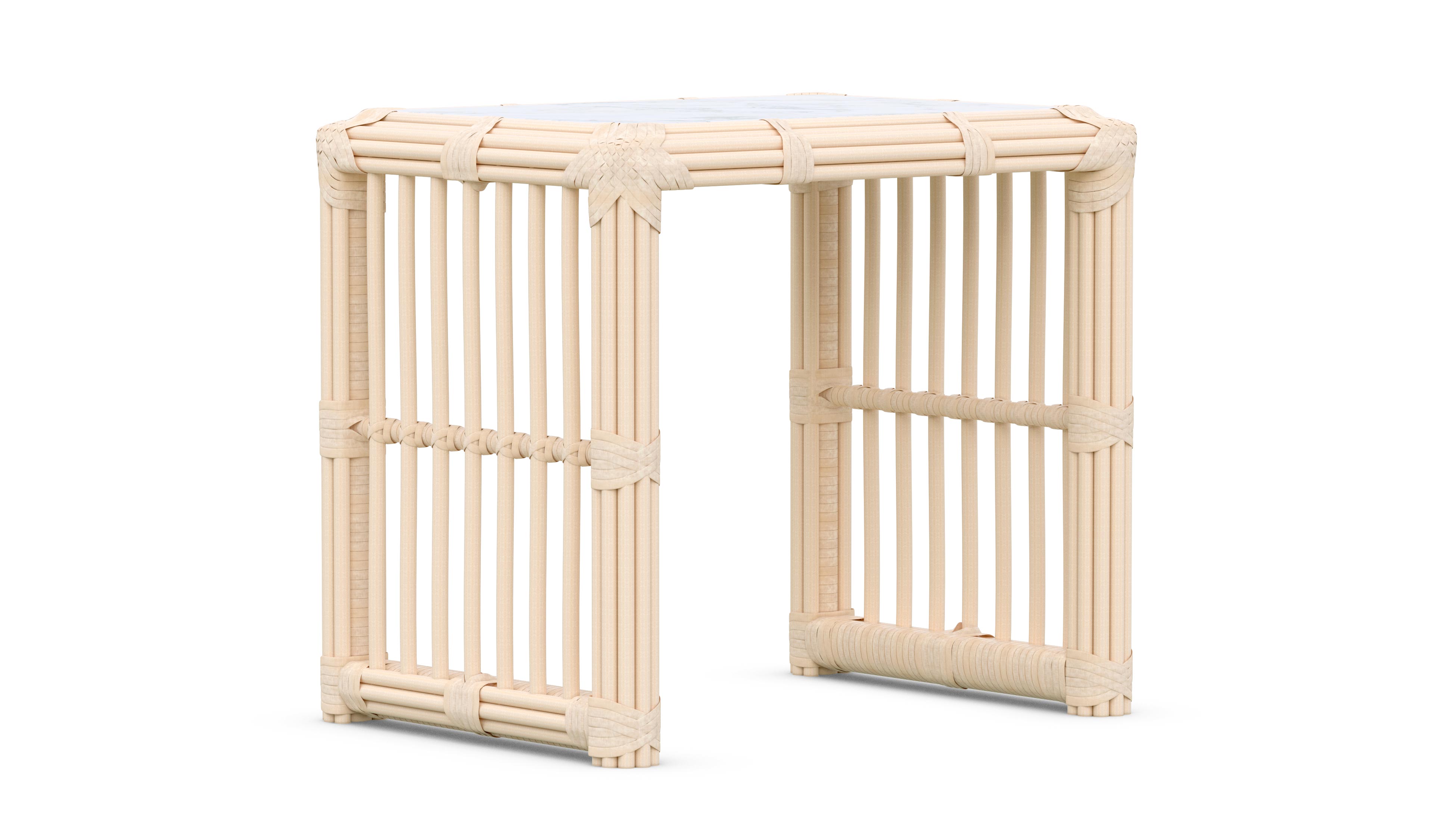 Azzurro Living Paloma Side Table With Matte White Aluminum Frame And Almond All-Weather Wicker