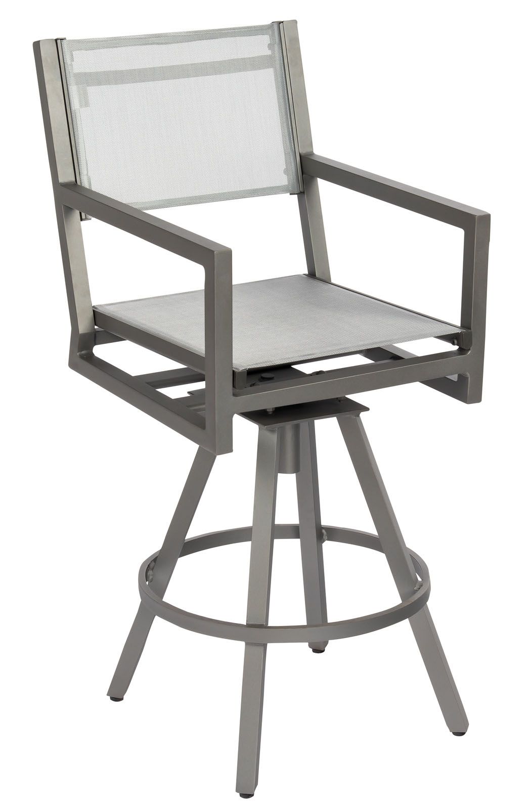 Woodard Palm Coast Sling Swivel Bar Stool with Arms, Aged Teak, Augustine Alloy (Grade A), Grade A Fabric, Garden Chairs, Bar Stools, Palm Coast, Aluminum, Bar Stools, Rectangular, Outdoor